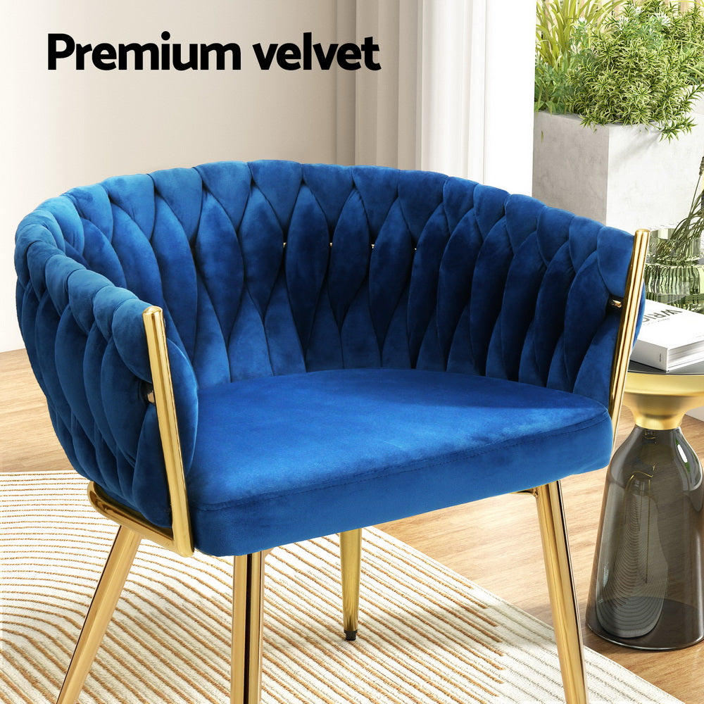 2 Pack Artiss Velvet Woven Dining Chairs - Blue Upholstered Armchairs for Kitchen, Dining Room & Home Decor
