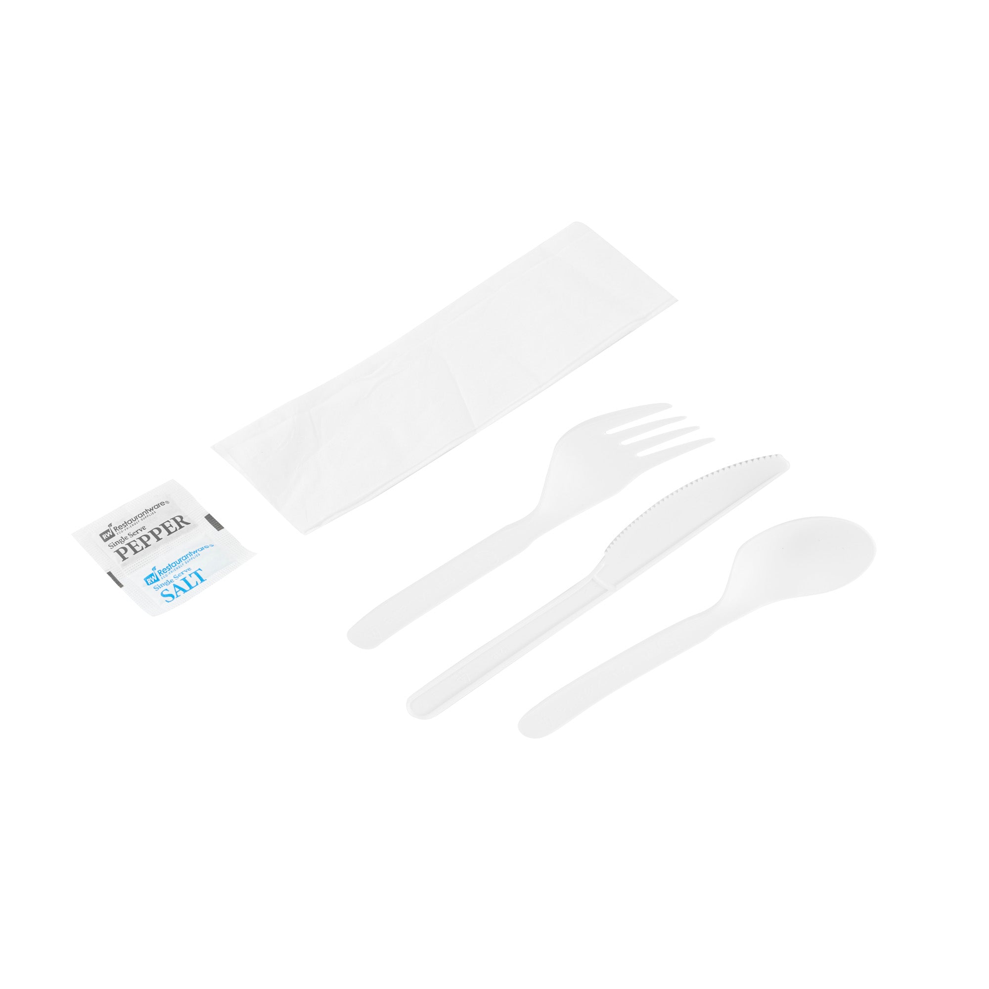 Eco-Friendly Compostable White PLA Plastic Cutlery Set with Napkins & Salt/Pepper Packets - 500 Count Box (6.25