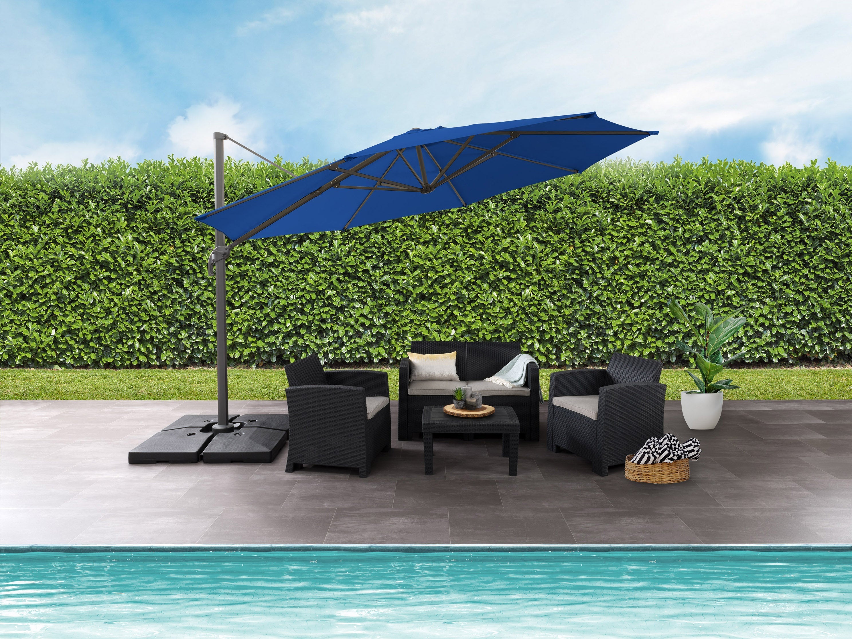 11.5ft Deluxe Offset Patio Umbrella - Cobalt Blue Outdoor Cantilever Umbrella for Poolside, Garden, and Backyard Relaxation