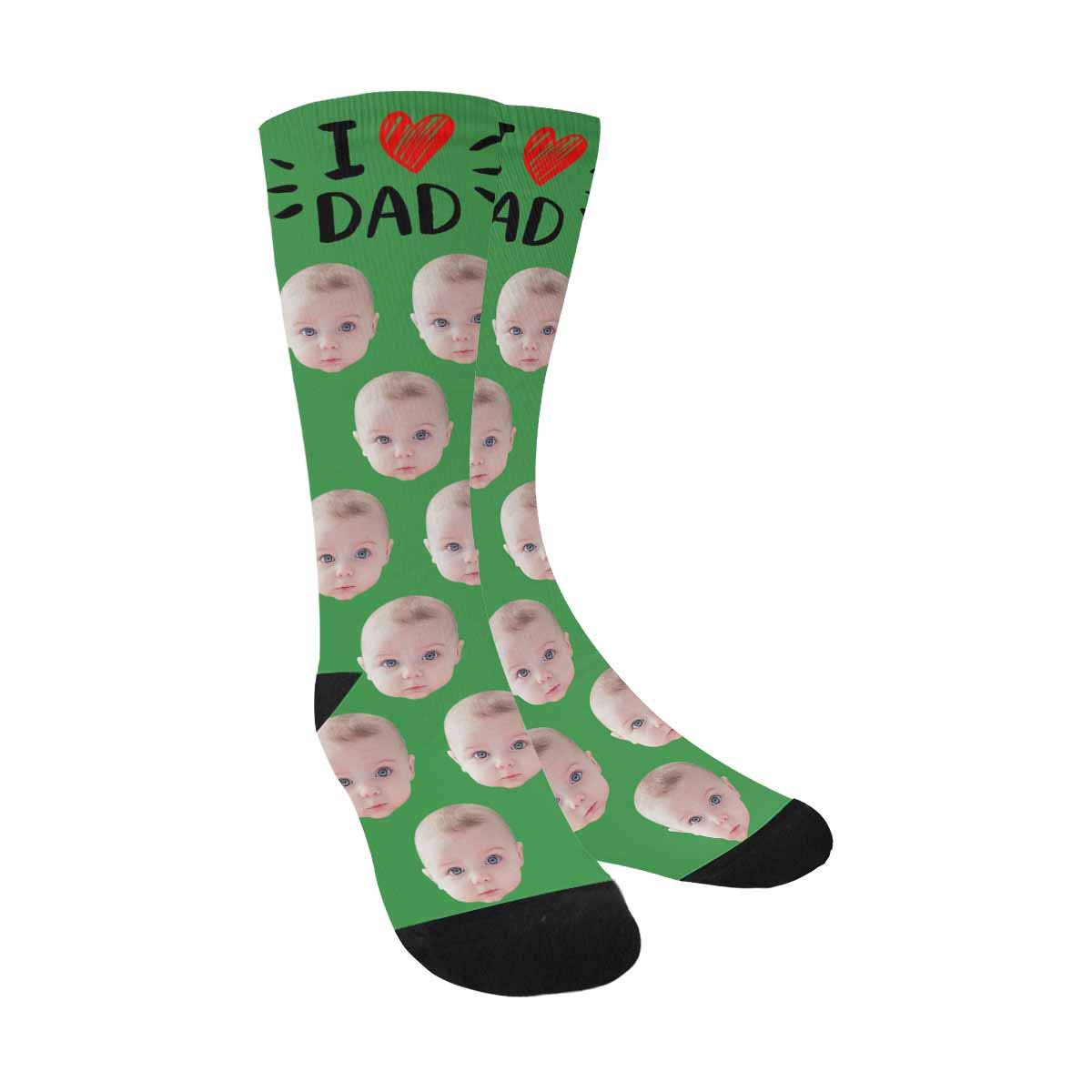 Custom Photo Printed Personalized I Love You Dad Meow Crew Socks - Unisex Yellow Gift for Father's Day, Birthday & Christmas - Funny Novelty Socks for Men & Women
