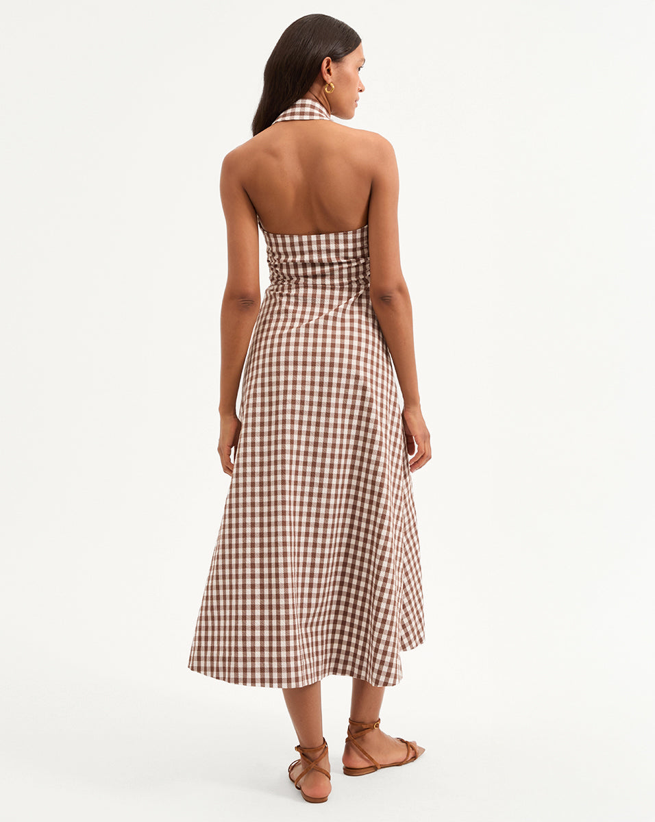 Mackey Gingham Seersucker Halter Dress for Women - Summer Beach Party, Picnic & Casual Outfit - Flowy Comfortable Cotton Dress with Adjustable Ties