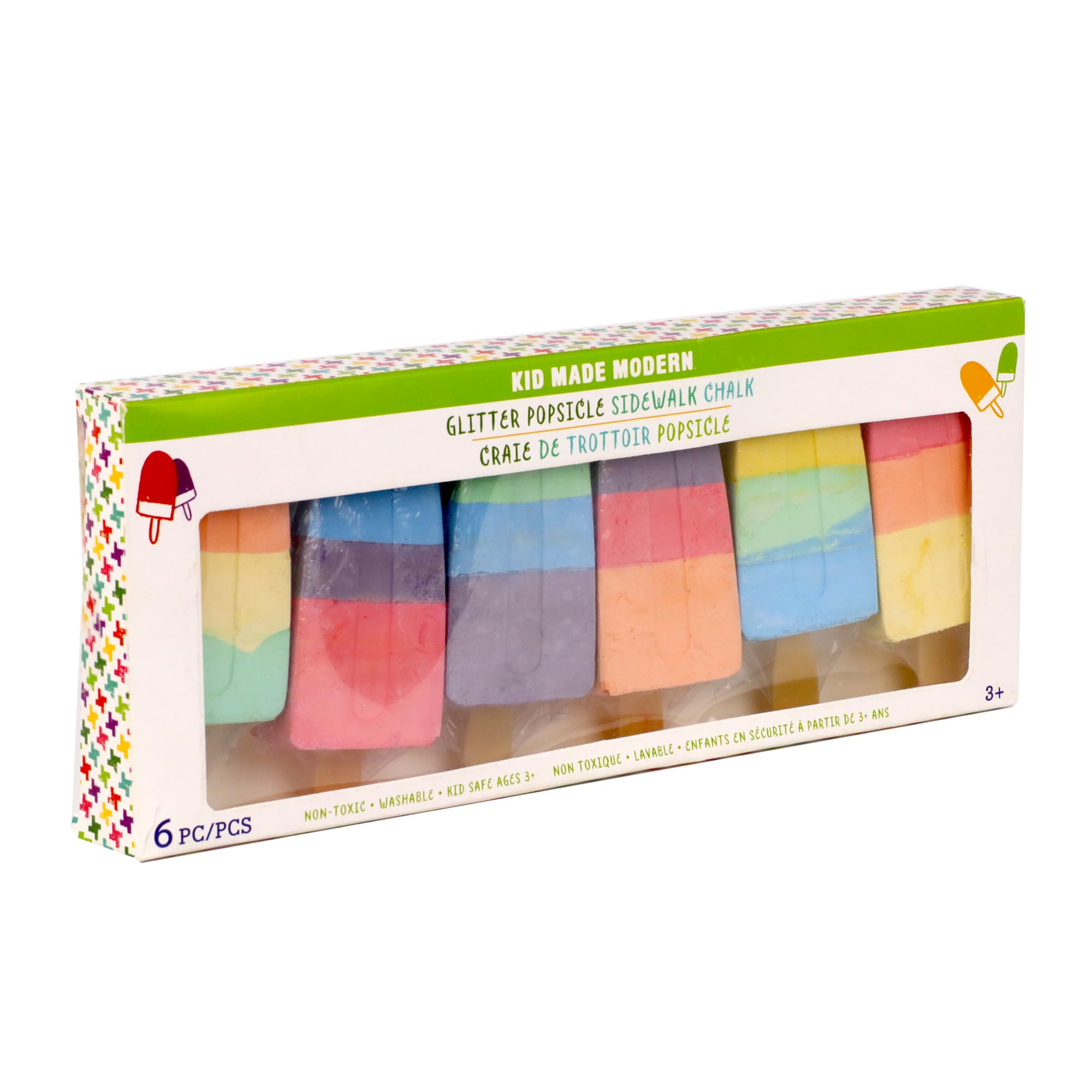 Kid Made Modern Popsicle Glitter Chalk Set - Non-Toxic Washable Sidewalk Chalk for Kids - 6 Pack Vibrant Colors for Outdoor Games, Art & Summer Activities