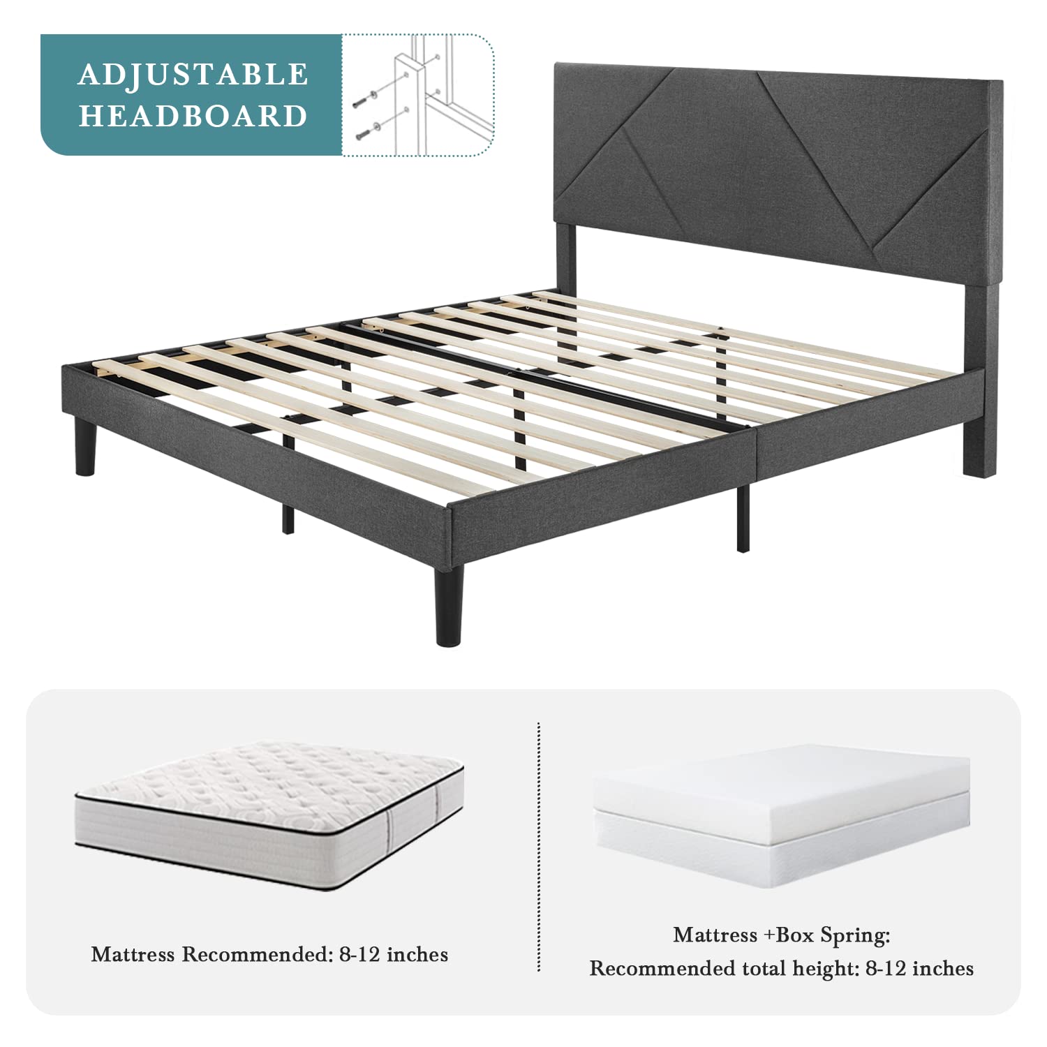HOOMIC King Size Bed Frame with Geometric Fabric Headboard - Upholstered Platform Bed with 8