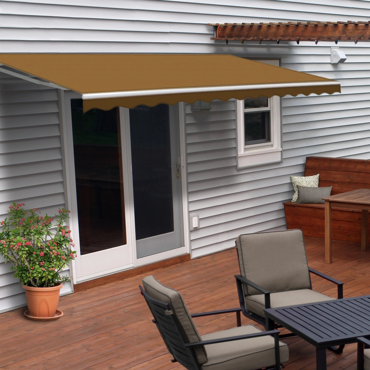 Aleko 16x10 Feet Motorized Retractable Patio Awning with White Frame - Sand Color for Outdoor Shade, Backyard, Deck, and Poolside Relaxation