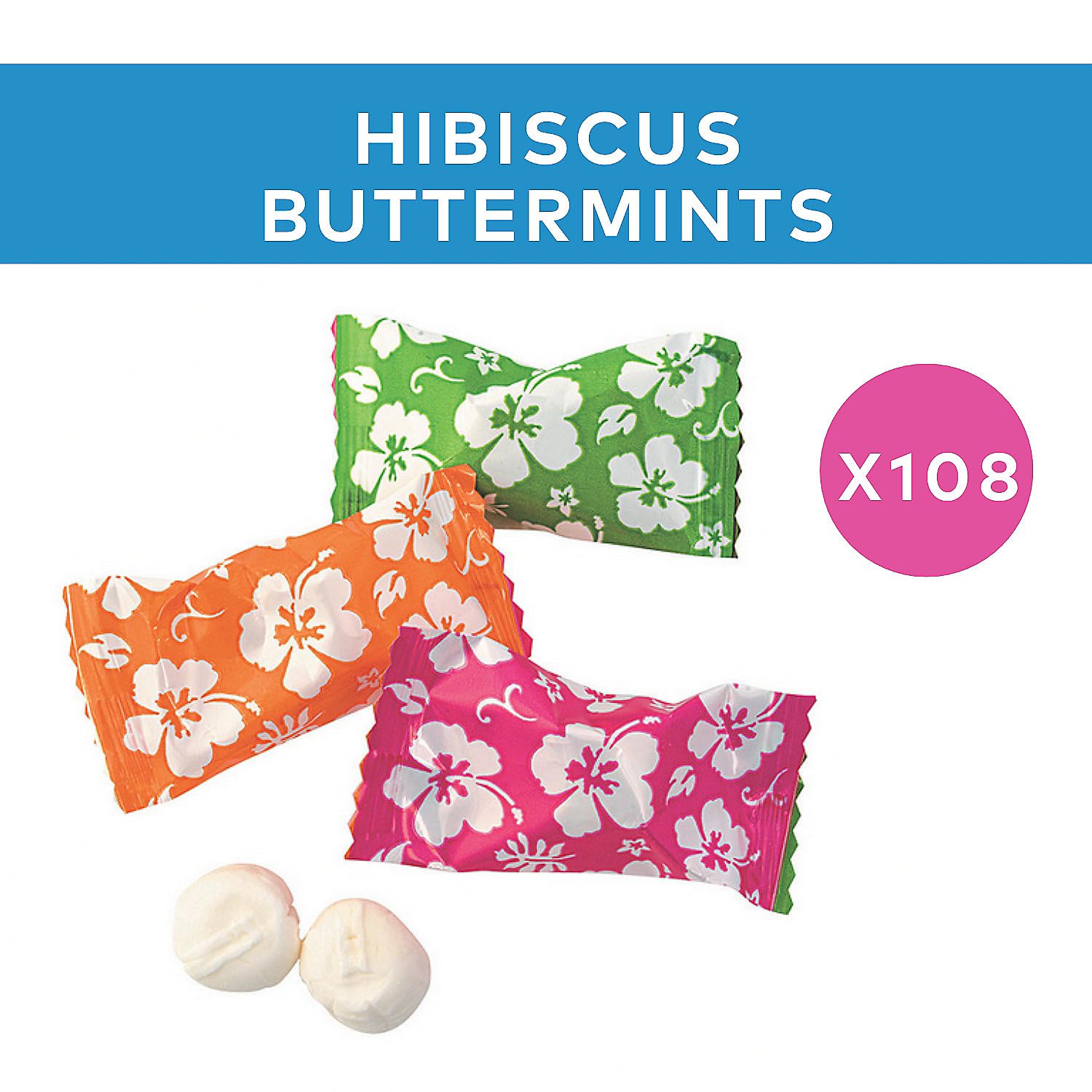 Tiki Party Hibiscus Buttermints - 108 Individually Wrapped Tropical Mints for Luau, Hawaiian & Summer Parties - Perfect as Wedding Favors, Birthday Treats & Beach-Themed Events
