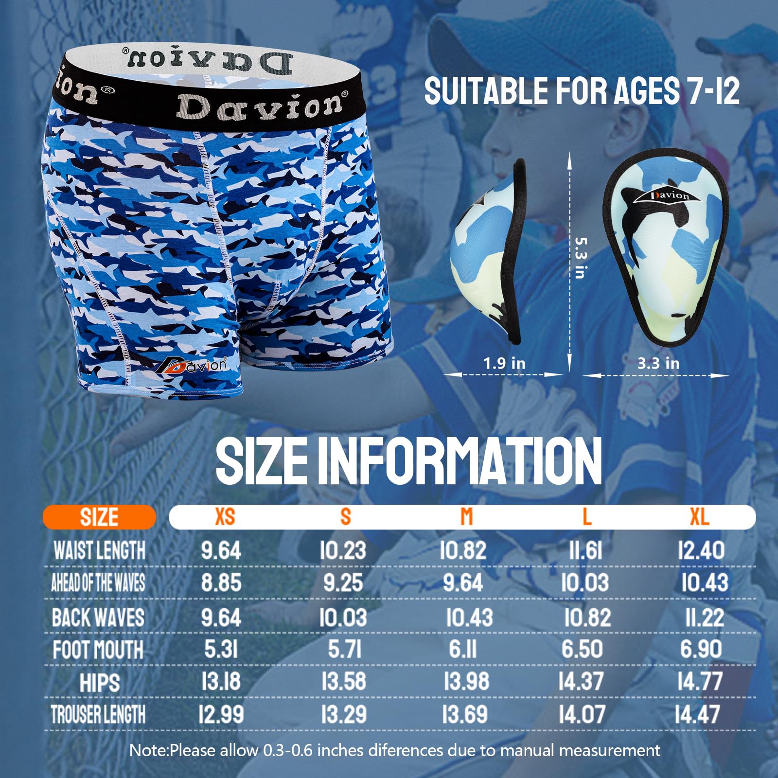 Davion Youth Boys Baseball Cup Underwear with Soft Protective Athletic Cup - Compression Shorts for Baseball, Football, Lacrosse - Comfortable Support for Sports & Training