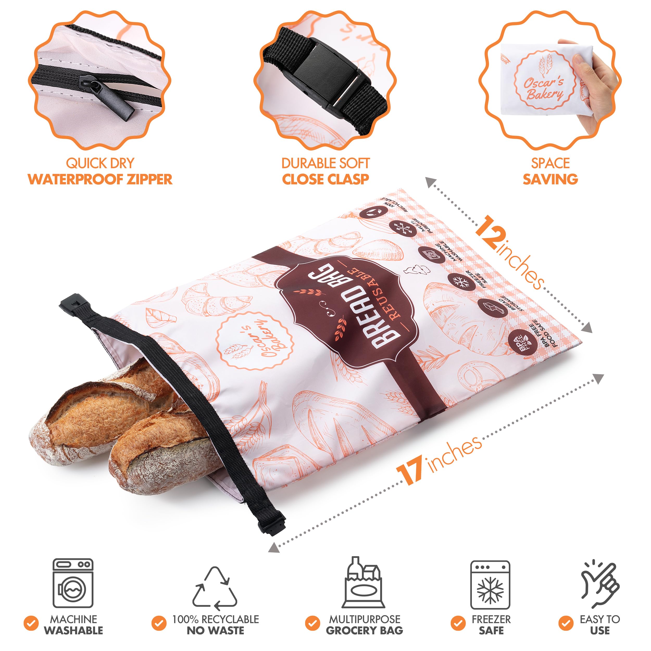 Reusable Sourdough Bread Bags for Homemade Bread Storage - BPA-Free, Freezer Safe Bread Bags with Beeswax Wrap - 2 Pack Retro Orange Bread Containers by Oscar's Bakery - Perfect for Fresh Bread, Sourdough, Baguettes & Artisan Loaves