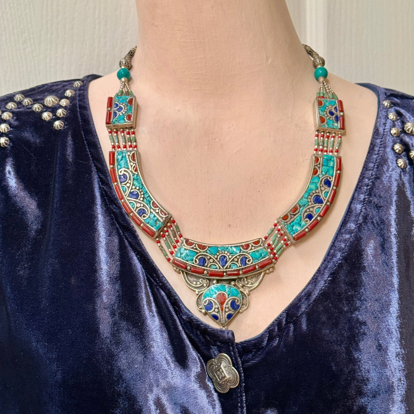 Handmade Tibetan Alpaca Silver Necklace with Turquoise & Coral Beads - Elegant Boho Jewelry for Women, Perfect for Festivals, Weddings & Special Occasions