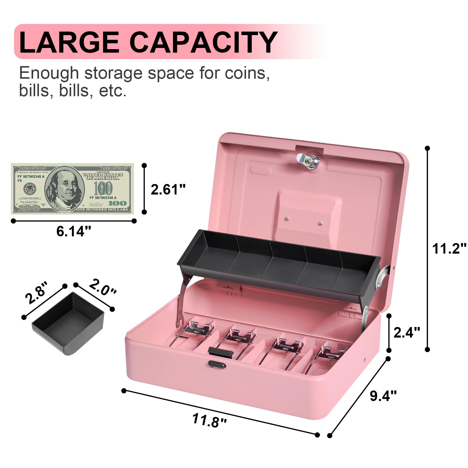 Metal Cash Box with Tray & Key Lock - Durable Money Safe with 4 Bill & 5 Coin Slots, Cantilever Design - Large Size (Pink, Top-Key) - Perfect for Retail Stores, Restaurants, and Home Savings Organization