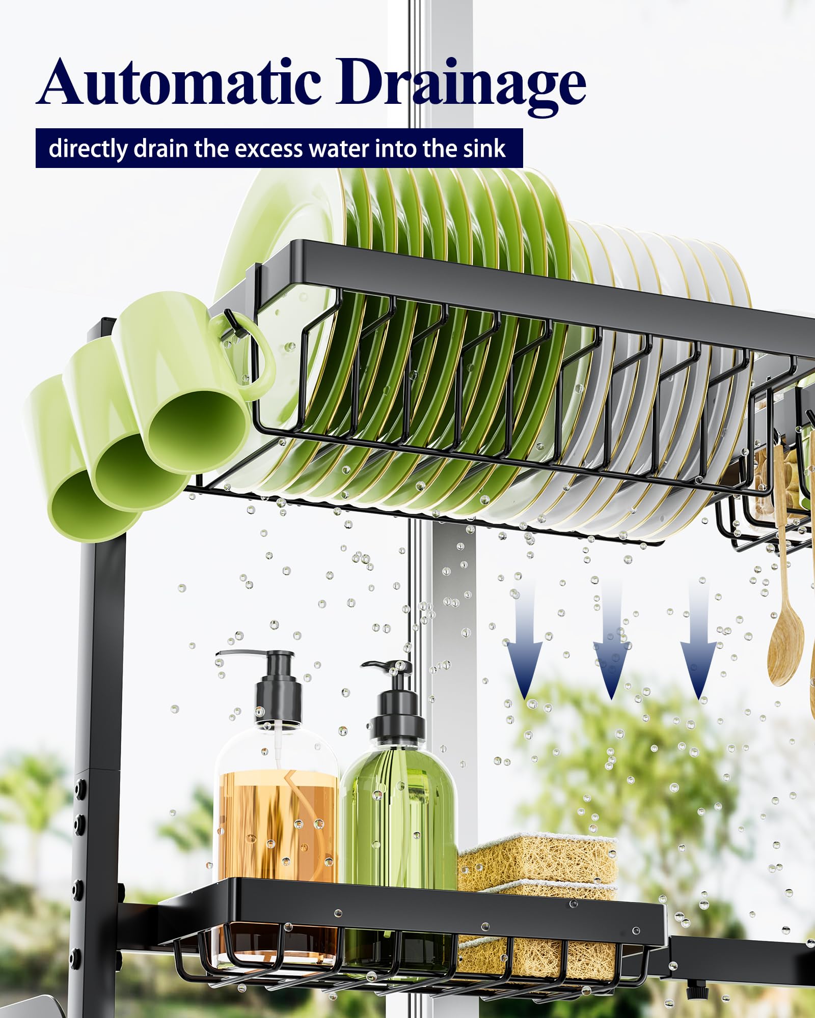 Kitsure Adjustable Over The Sink Dish Drying Rack - 30 to 33.9 Inches, 2-Tier Kitchen Sink Organizer with Large Capacity & Multifunctional Baskets, Perfect for Small Spaces & Dish Drying - Black