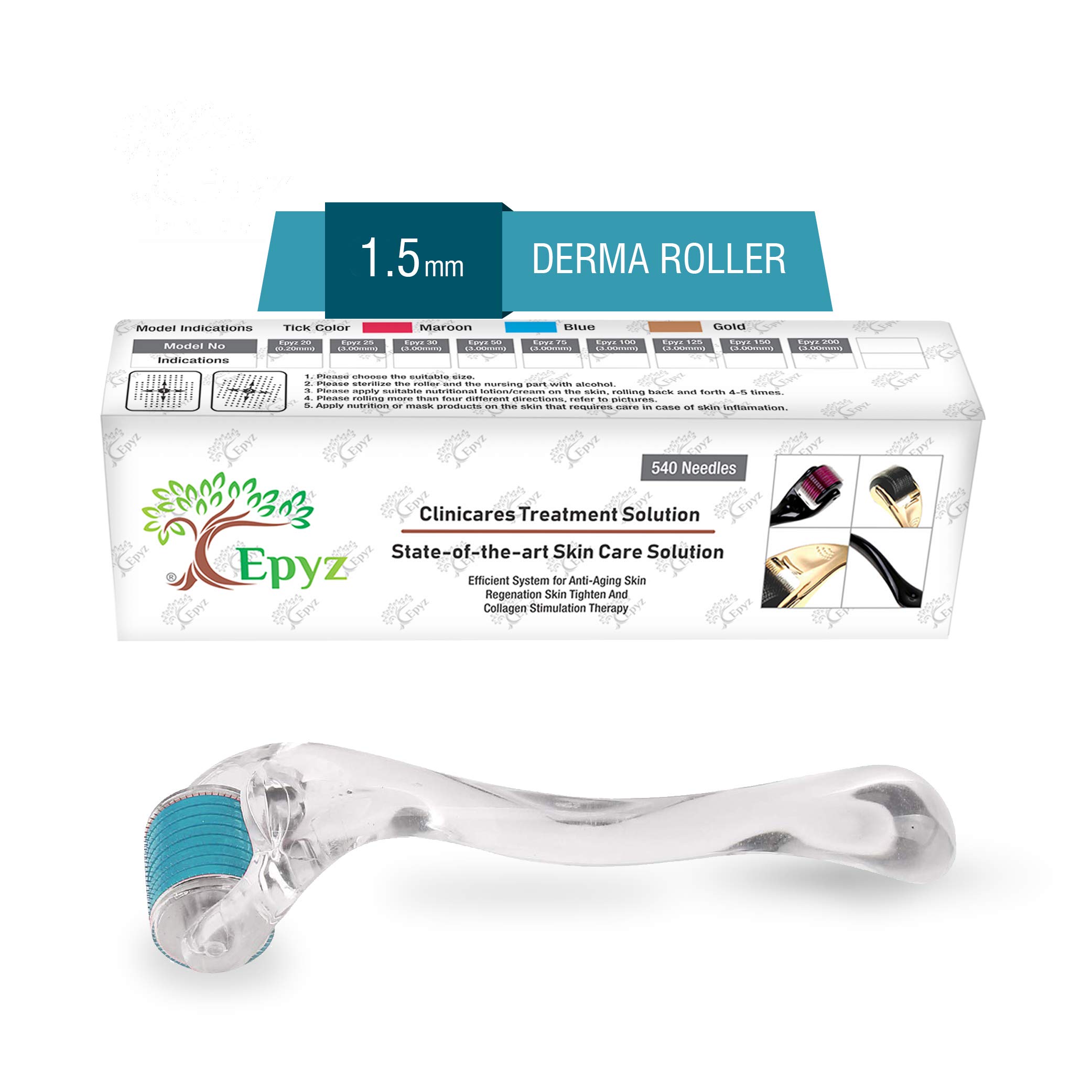 Epyz Derma Roller 540 Titanium Microneedling Roller for Face & Body - 1.5mm Needle Length, Blue Transparent Handle - Skin Care Treatment for Acne Scars, Wrinkles & Hair Growth - At Home Facial & Beauty Routine Essential
