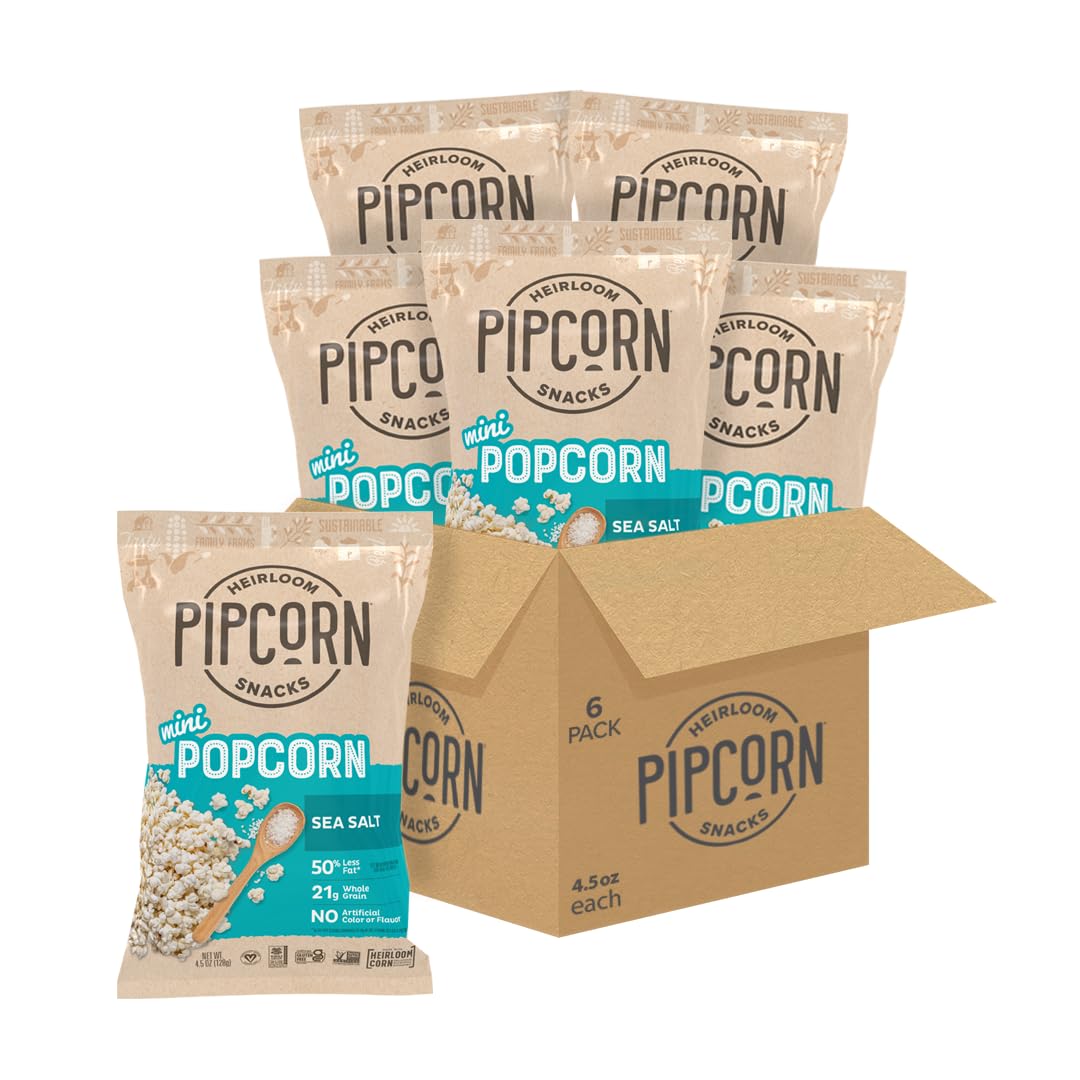 Pipcorn Heirloom Sea Salt Mini Popcorn - 6 Pack (4.5oz Each) - Gluten Free, Healthy Snack - Made with Non-GMO Heirloom Corn - Perfect for Movie Nights, Road Trips & Office Snacking