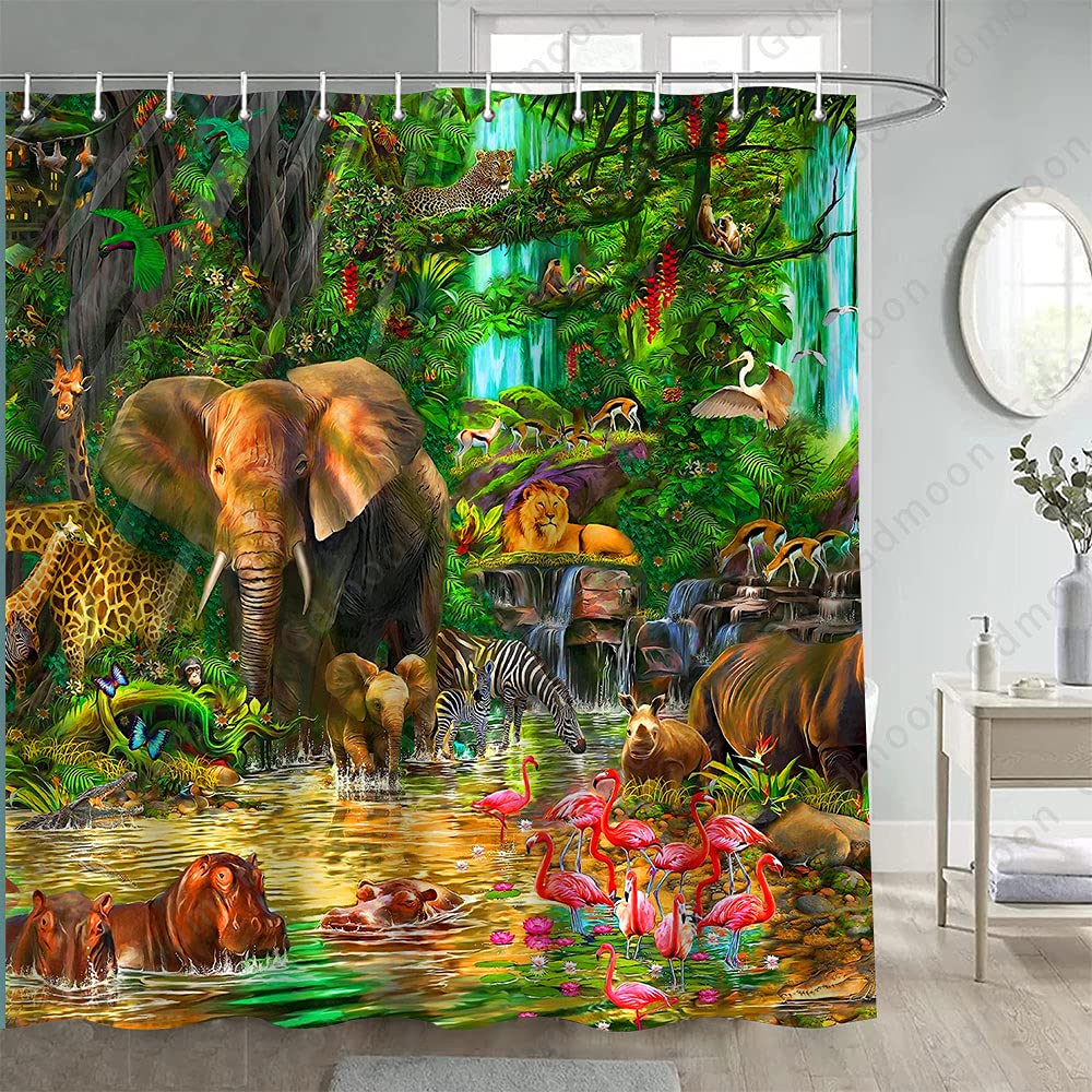 Forest Animal Shower Curtain - Waterproof 72x72 Inch Rainforest Jungle Bath Curtain with 12 Hooks, Featuring Giraffe Elephant Leopard Tropical Safari Design for Kids & Adults - Perfect for Bathroom Decor, Nursery, and Jungle Theme Parties