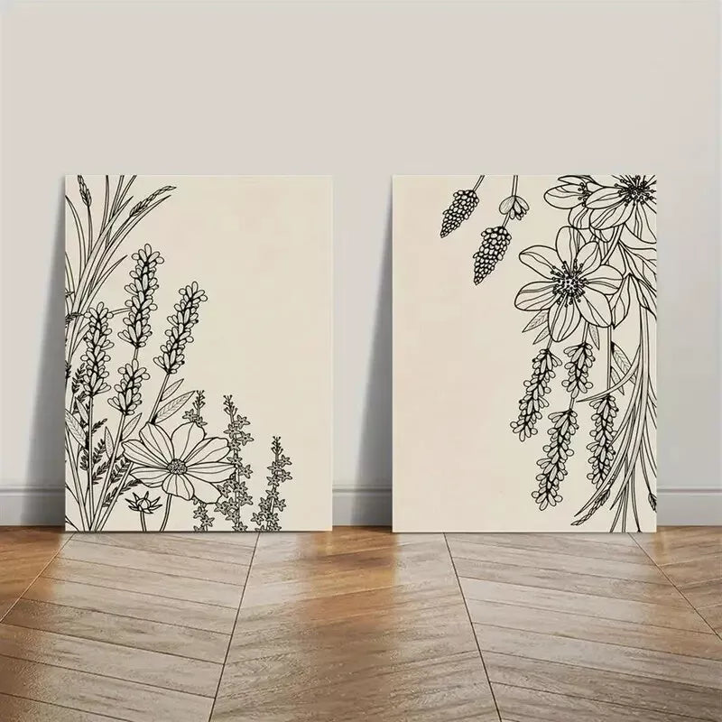 2pcs Abstract Line Plant & Flower Canvas Wall Art - Minimalist Framed Print 50x75cm (20x30in) | High Quality Australian Made | Ready to Hang | Perfect for Living Room, Bedroom & Office Decor