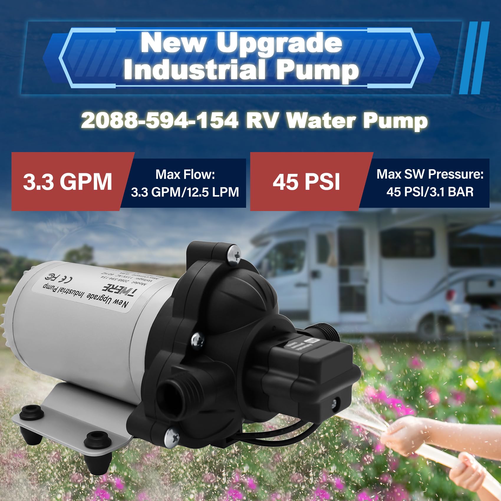 2088-594-154 Industrial Water Pump 198GPH, 115V AC, 1/2in, 45PSI 3.3GPM Portable Electric Utility Pump for Beverage, Water Transfer, Irrigation & Industrial Applications - Perfect for Home, Farm, and Commercial Use