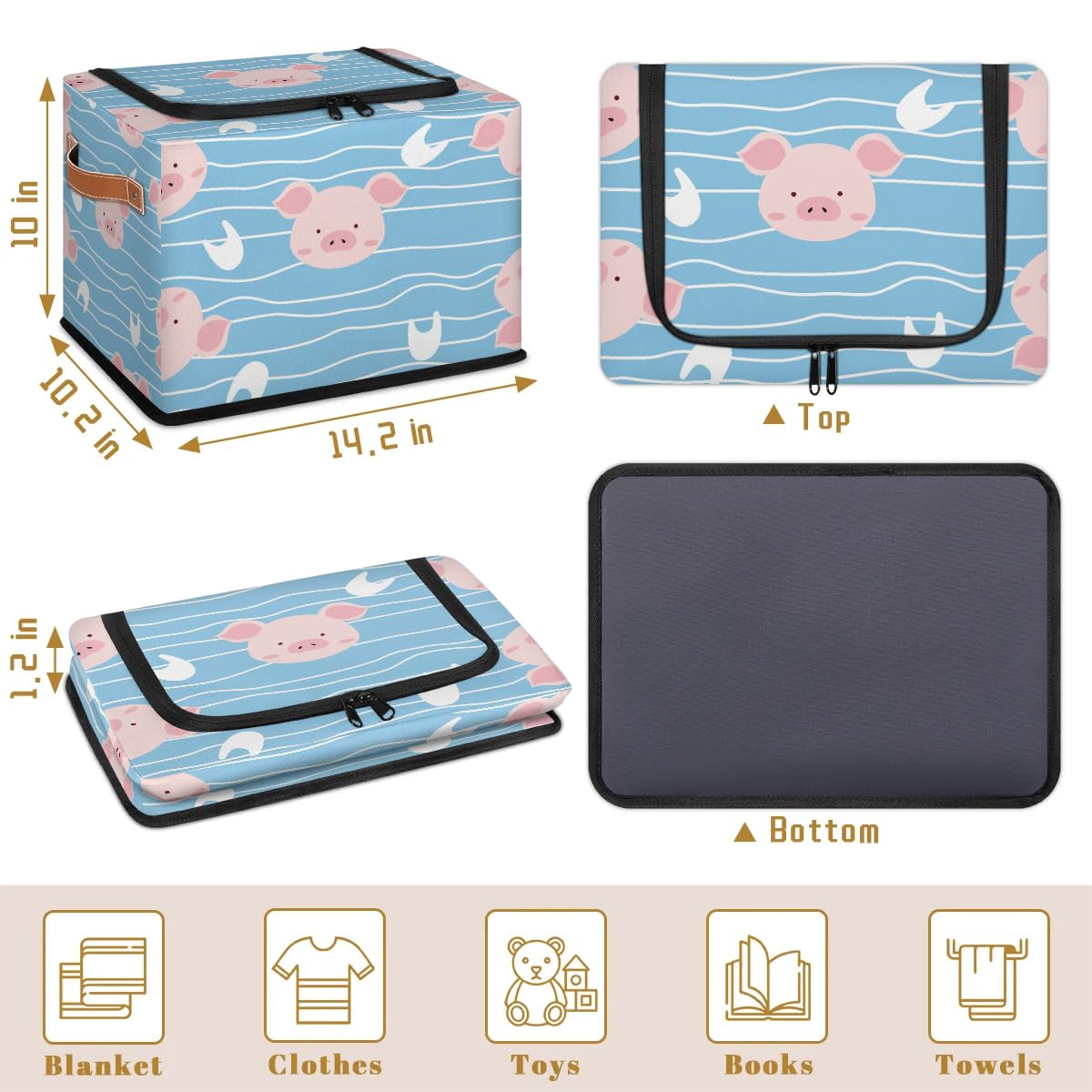 Pink Zippered Storage Bins with Metal Frame - 2 Pack Stackable Closet Organizer Baskets with PU Handles | Perfect for Clothes, Toys & Home Organization in Bedroom, Nursery or Dorm Room