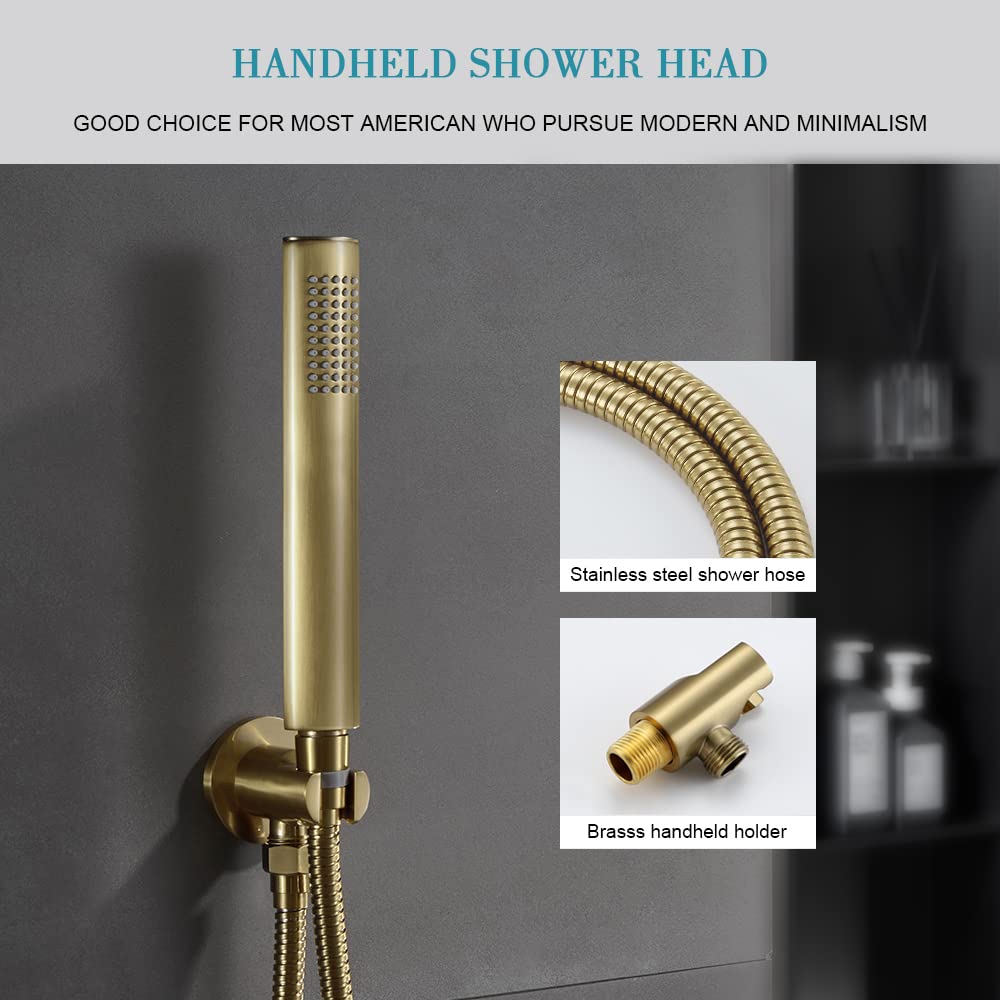 Premium Brushed Gold Shower Faucet Set with 12-Inch Rainfall Shower Head & Bathtub - High Pressure Bathroom Fixture for Luxurious Spa Experience | Modern Gold Shower System for Master Bathroom & Guest Suite Renovation