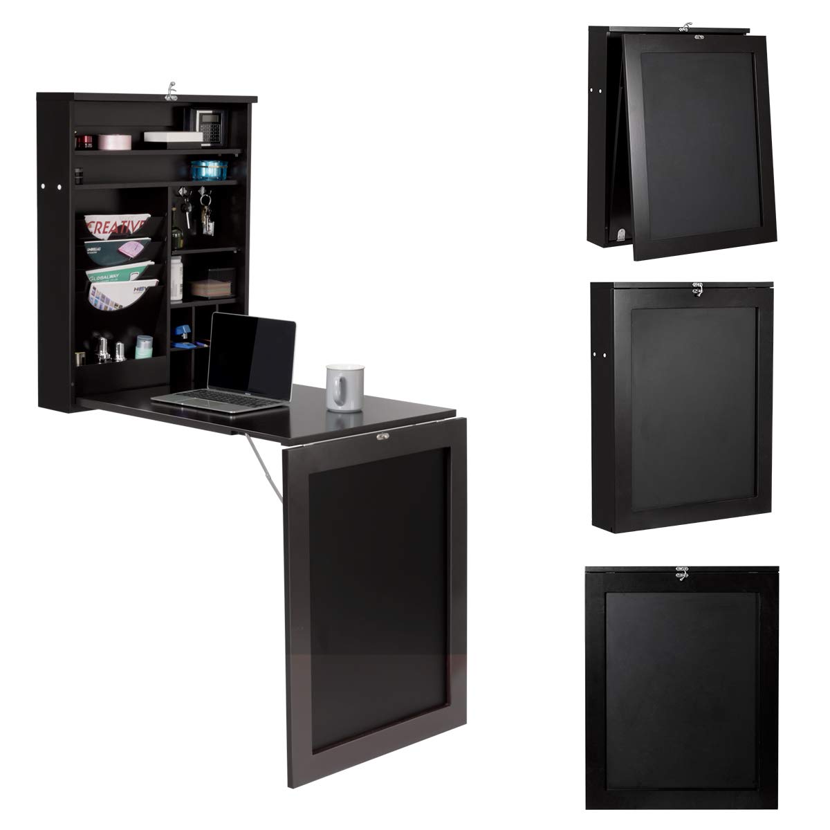 Tangkula Wall Mounted Folding Desk with Chalkboard - Convertible Laptop & Writing Table for Home Office - Space Saving Multi-Functional Wall Desk with Large Storage Shelf (Perfect for Small Spaces, Dorm Rooms & Studio Apartments)