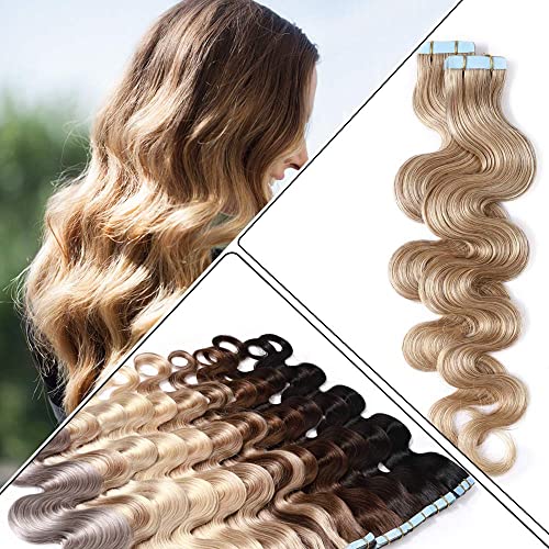 Benehair Remy Tape in Hair Extensions 100% Human Hair - Dark Blonde #27, 24 Inch Wavy Seamless Skin Weft, 40pcs/100g - Perfect for Weddings, Parties & Daily Styling