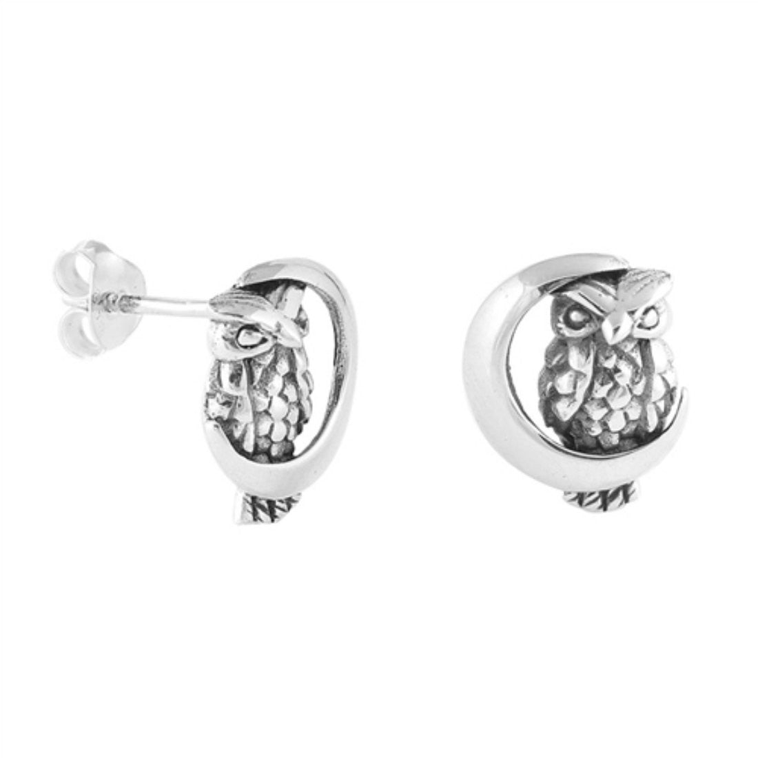 12mm Owl Moon Crescent Cute Stud Post Earrings - Solid 925 Sterling Silver Jewelry for Women - Perfect for Everyday Wear, Gifts & Special Occasions