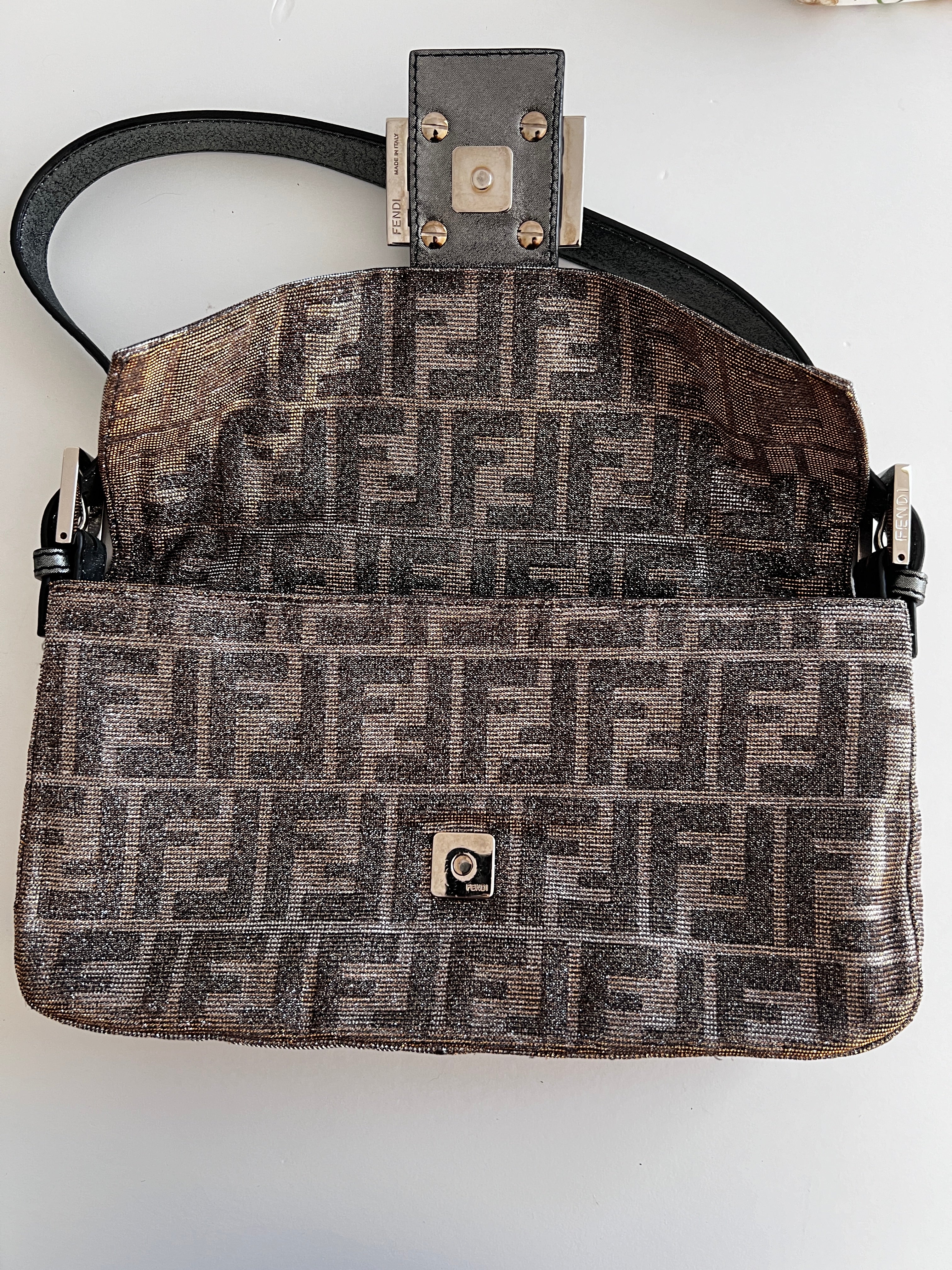 Fendi Silver Shimmering Zucca Baguette Bag - Luxury Designer Crossbody Purse for Women | Perfect for Evening Parties, Date Nights & Special Occasions