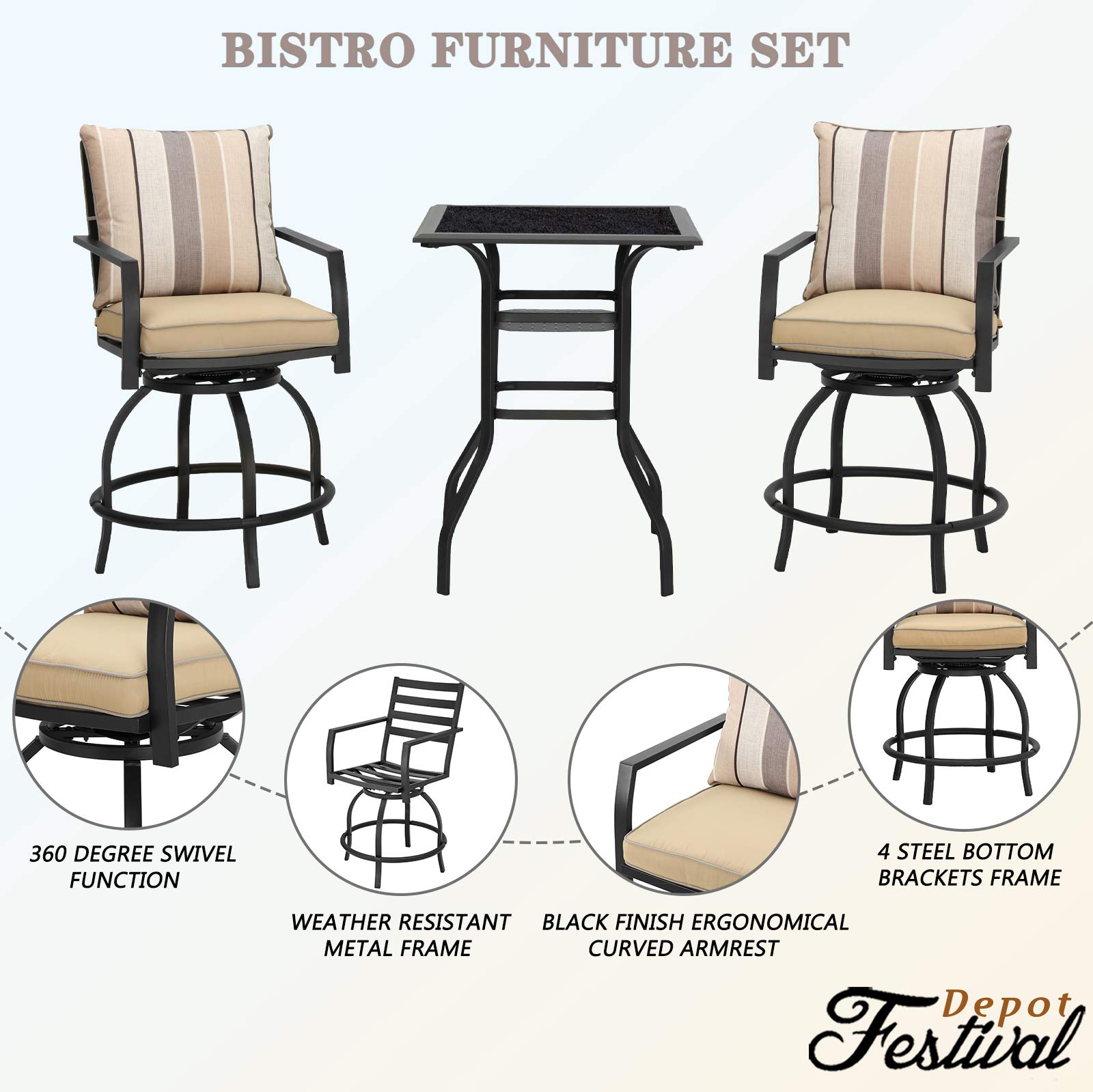 360° Swivel Patio Dining Set with Cushions - 3-Piece All-Weather Metal Bar Height Stools & Bistro Table for Outdoor, Garden, Deck, Poolside (Beige) - Perfect for BBQs, Parties & Relaxing in Your Backyard
