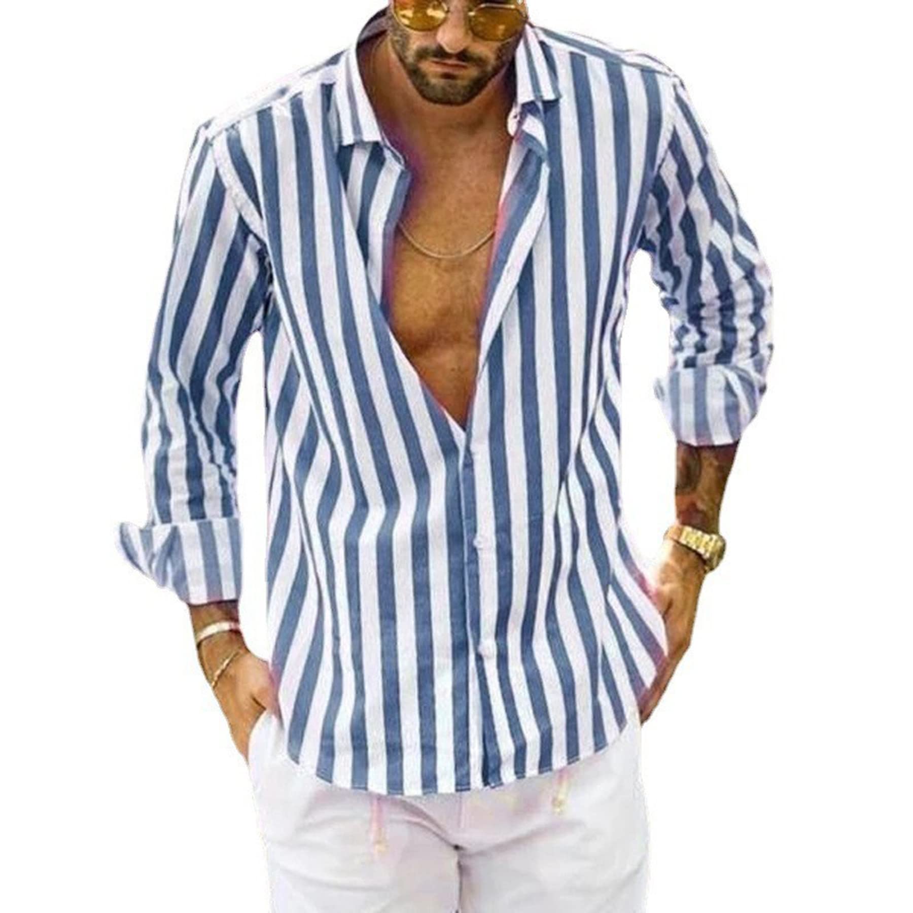 Men's Striped Cotton Long Sleeve Button Down Henley Shirts - Casual Beach Wear & Office Dress Shirts for Summer Outfits, Date Nights and Business Casual Occasions
