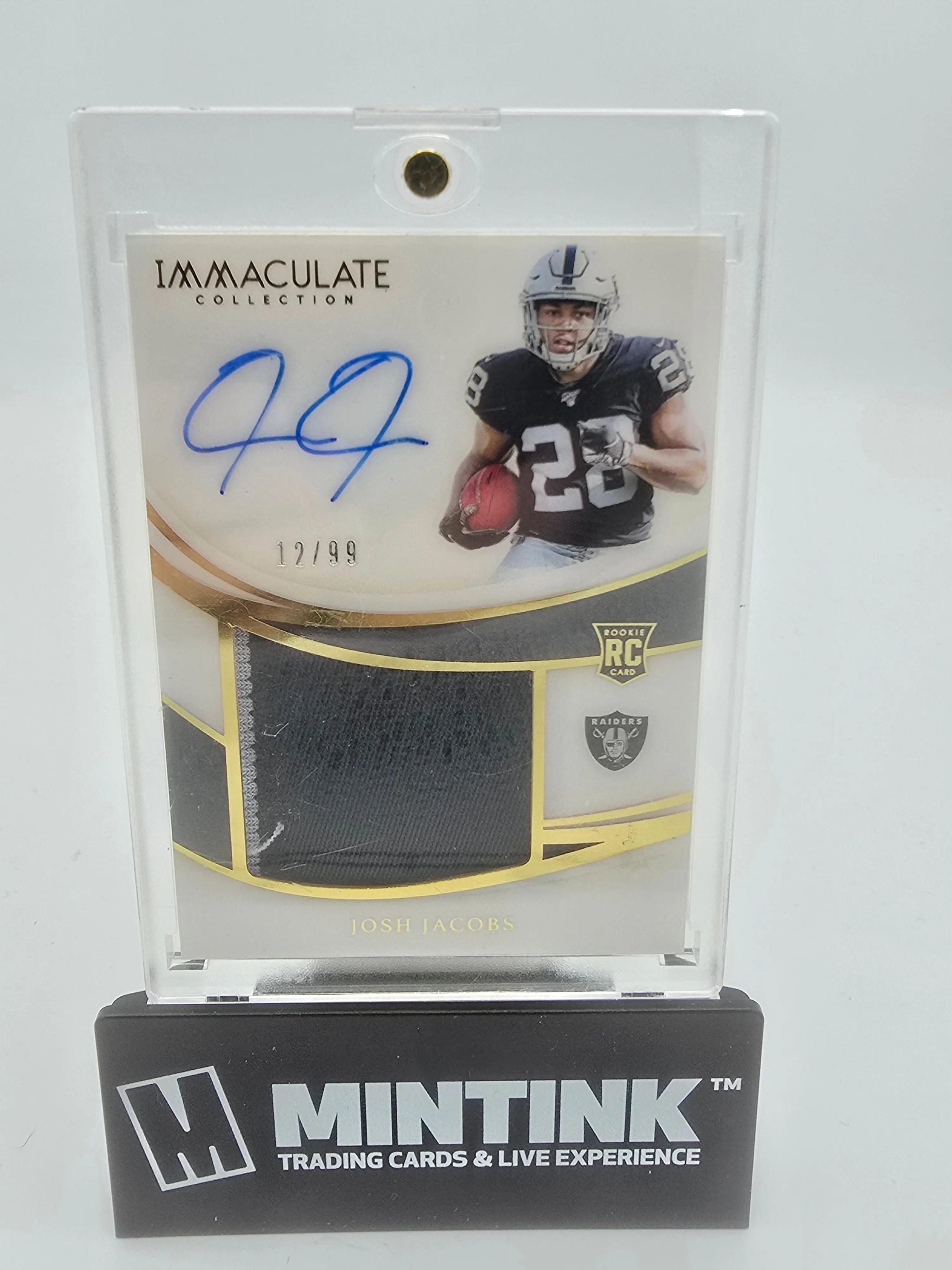2019 Panini Immaculate Football Josh Jacobs Rookie Card Gold Foil Jersey Patch Autograph /99 - Rare Collectible for NFL Fans & Sports Memorabilia Enthusiasts - Perfect for Display, Investment, and Gifting
