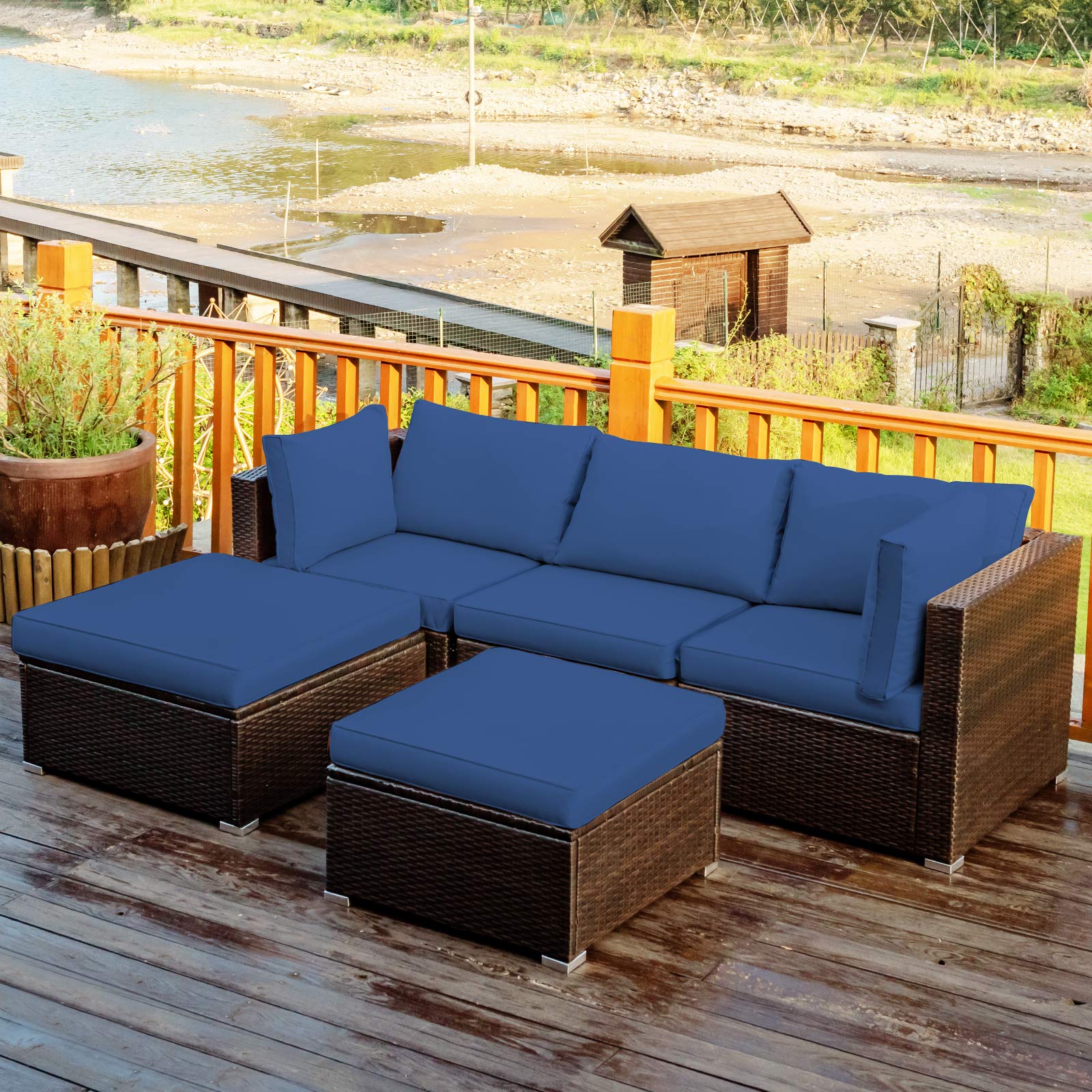 Tangkula 5-Piece Outdoor Patio Furniture Set - Wicker Rattan Sectional Sofa with Cushions & Coffee Table - Navy Blue Conversation Set for Backyard, Porch, Garden, Poolside & Deck - Perfect for Relaxing & Entertaining Outdoors