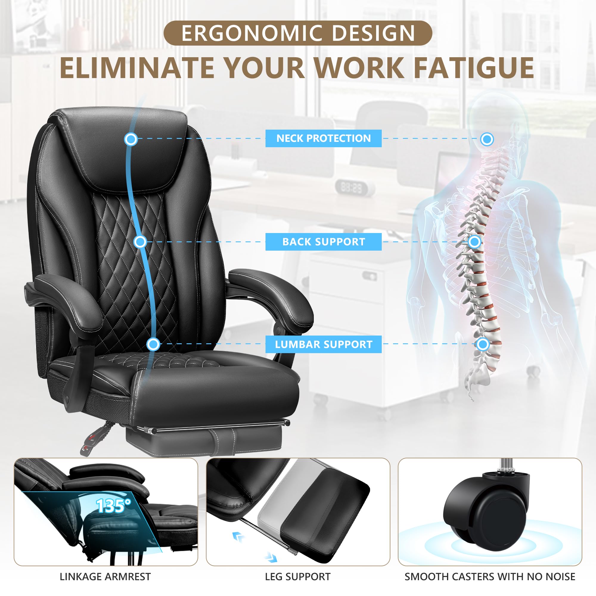 Premium Big and Tall Executive Office Chair - High Back Ergonomic Leather Desk Chair with Adjustable Height, Wheels & Lumbar Support - Home Office Computer Chair with Footrest (Black) - Perfect for Long Work Hours & Conference Room Meetings