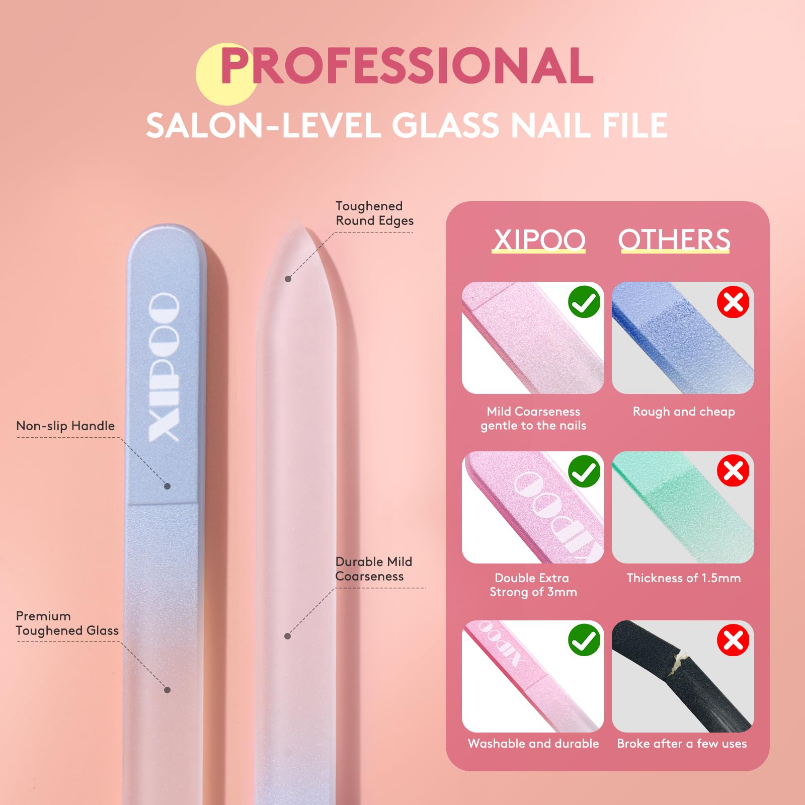 Premium 3-Pack Glass Nail Files with Case - 240 Grit Double Sided Czech Glass Nail File for Natural Nails - Professional Manicure Tools for Women & Girls - Perfect for Travel, Home Use & Stocking Stuffers by XIPOO