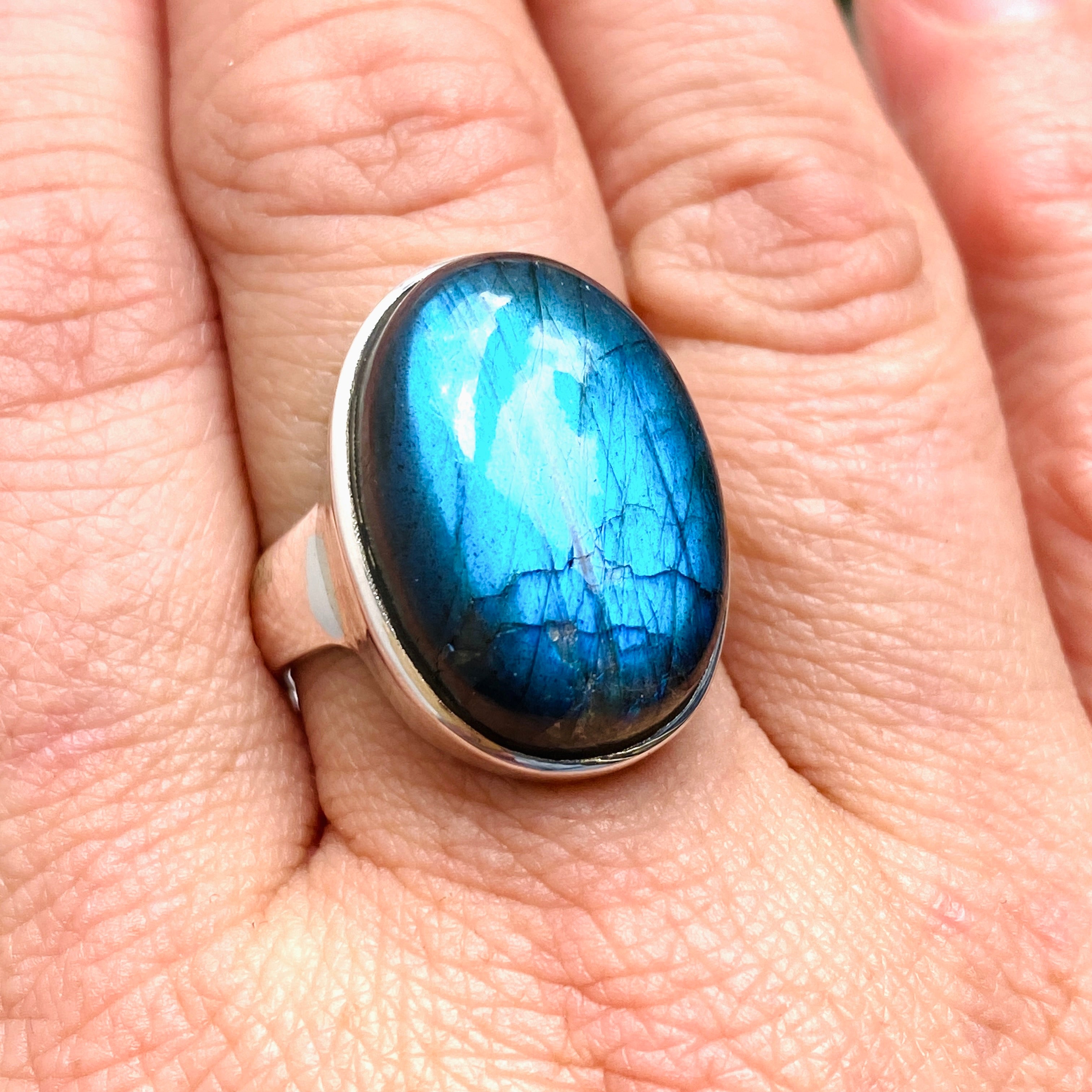Natural Labradorite Oval Cabochon Ring - Size 9 Sterling Silver Handmade Jewelry for Women - Perfect for Boho Style, Gift Giving & Everyday Wear