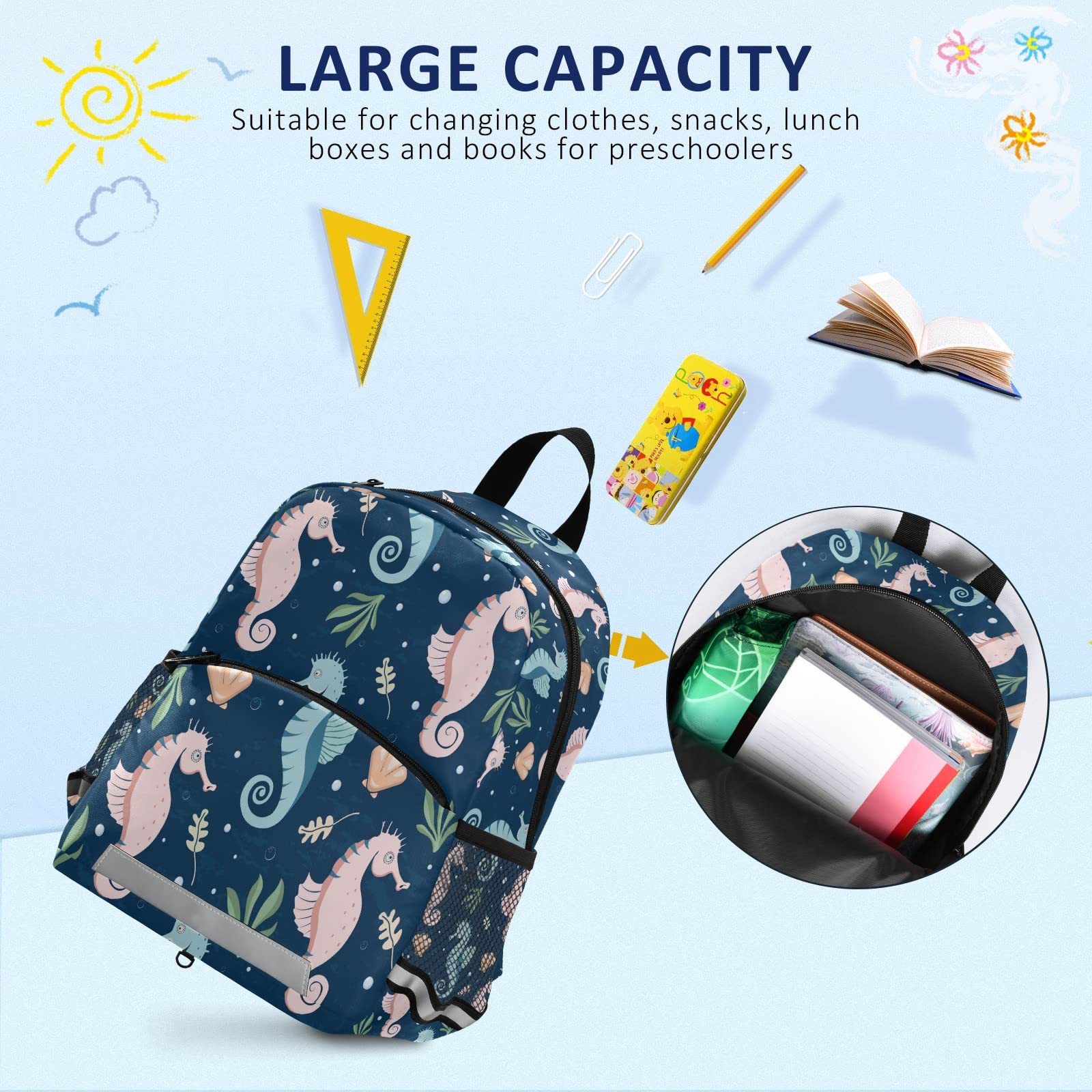 QUGRL Seahorse & Seashell Toddler Backpack - Waterproof Kids School Bag for Kindergarten, Preschool & Travel with Safety Leash (3-8 Years) | Perfect for Boys & Girls Underwater Theme Parties, Beach Trips & Daily School Use