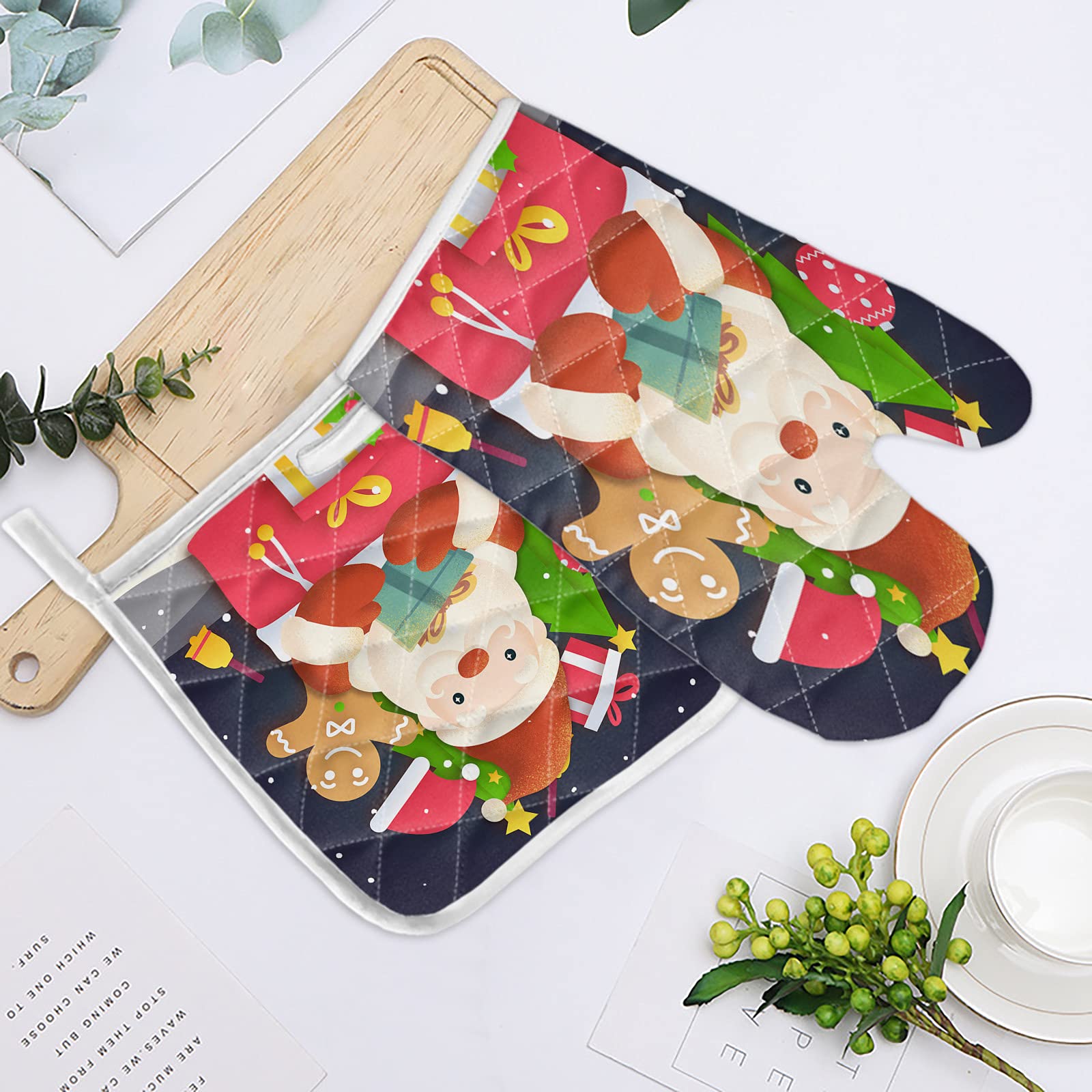 Christmas Oven Mitts and Pot Holders Set - Heat Resistant Santa Claus Sleigh Tree Snow Design for Baking, Cooking, BBQ & Grilling (6.5