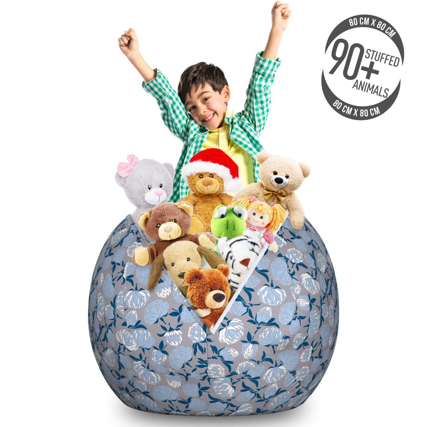 Ambesonne Large Washable Storage Toy Bag Chair - Pastel Floral Blossom Branches Design, Stuffed Animal Organizer for Kids Room, Nursery, Playroom - Dimgray Pale Blue