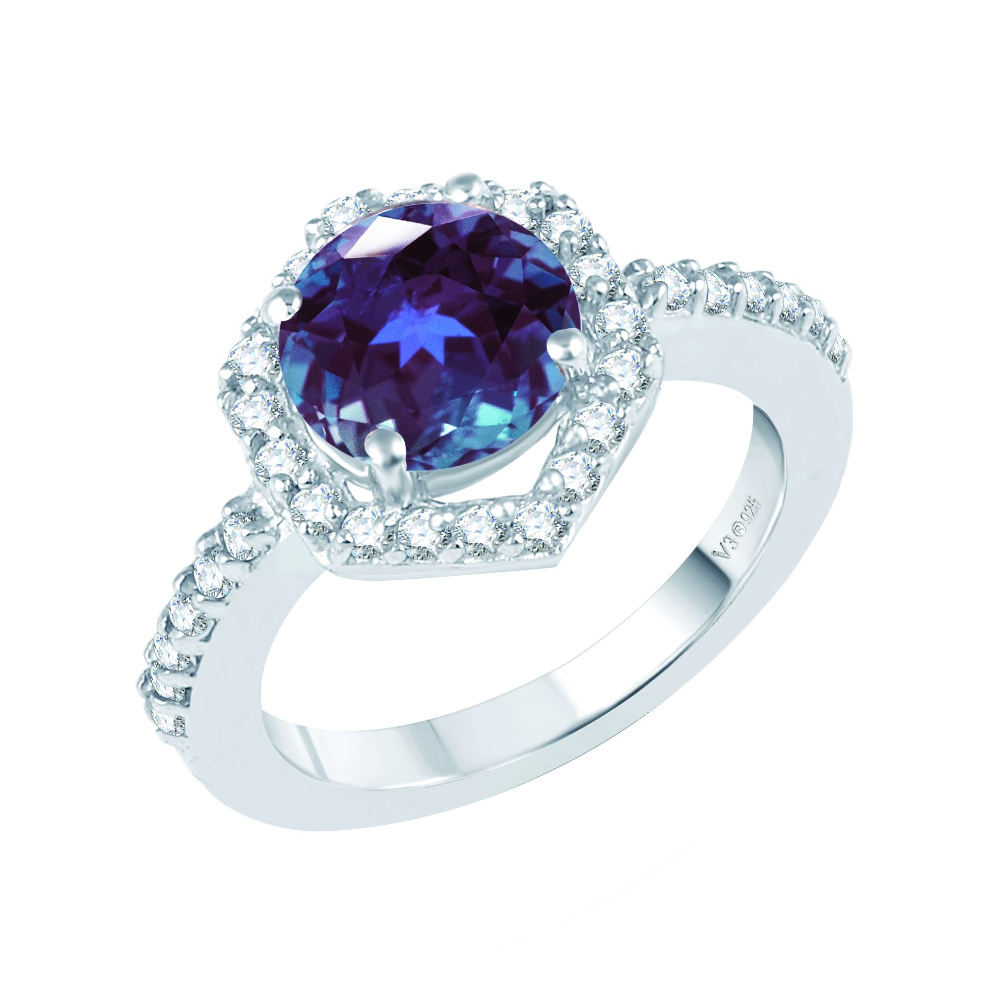 Sterling Silver Round Color Changing Alexandrite & Natural White Topaz Halo Ring for Women | Elegant Engagement, Wedding, Anniversary & Gift Jewelry