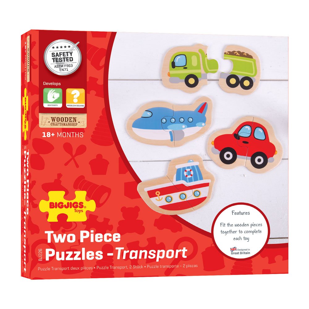 Bigjigs Toys Two Piece Puzzles - Transport Vehicles for Toddlers | Wooden Learning Toys for Kids | Perfect for Early Childhood Education & Travel Play