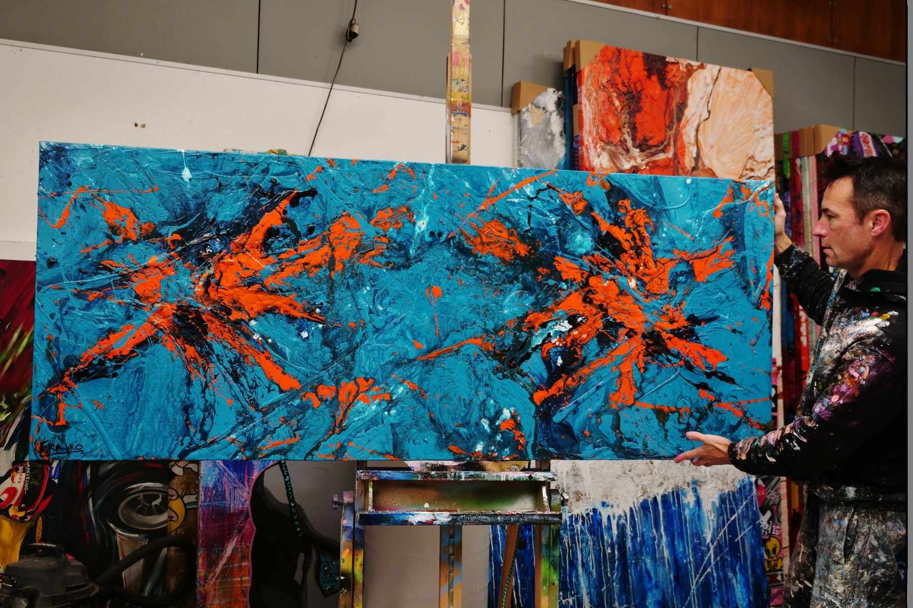 Pumpkin Orange Rush 200cm x 80cm Blue and Orange Textured Abstract Canvas Wall Art - Perfect for Modern Living Room, Bedroom or Office Decor