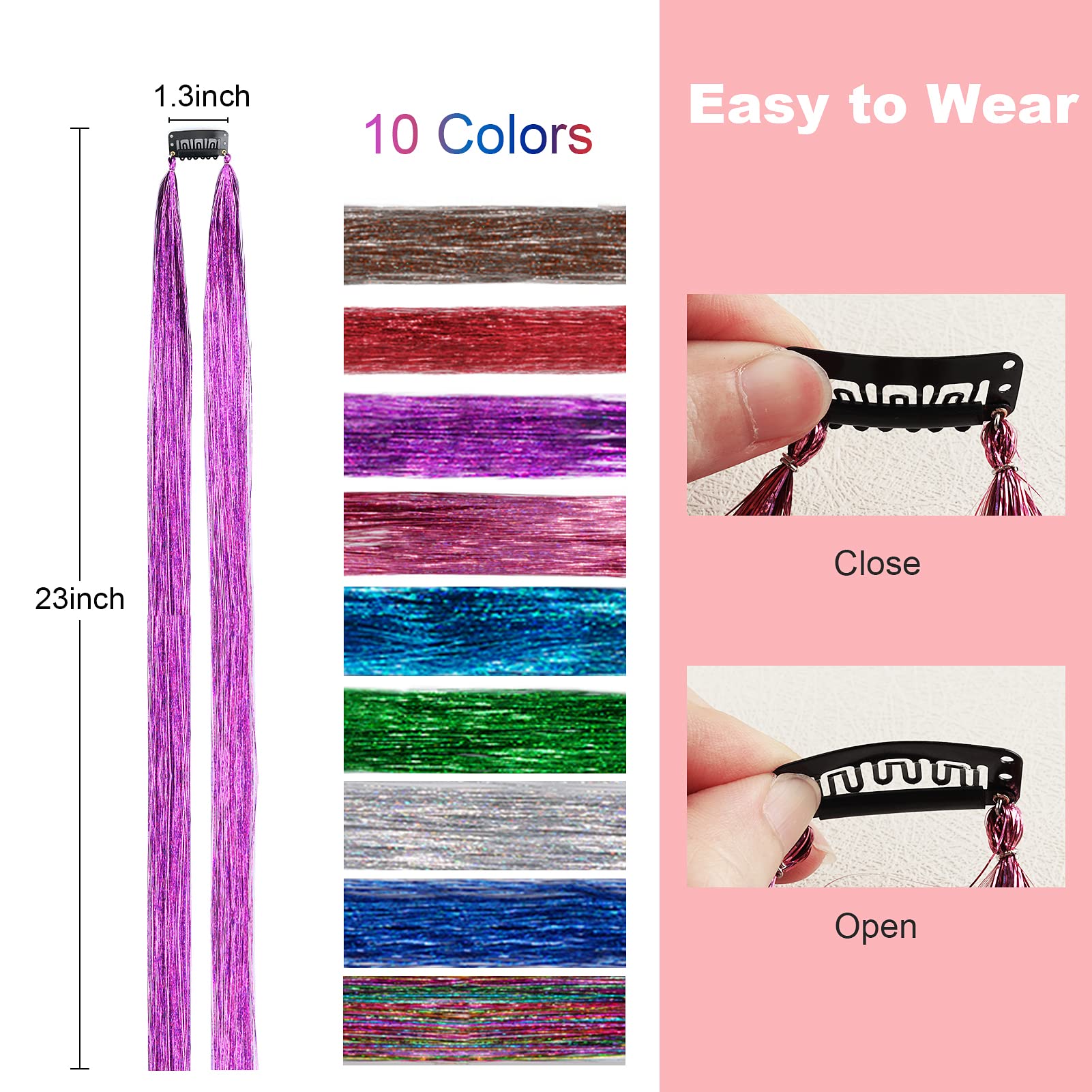 Sparkly Glitter Hair Extensions Kit - 23 Inch Heat Resistant Fairy Hair Tinsel with 10 Color Options | Clip-In Hair Accessories for Girls, Parties, Cosplay & Festivals