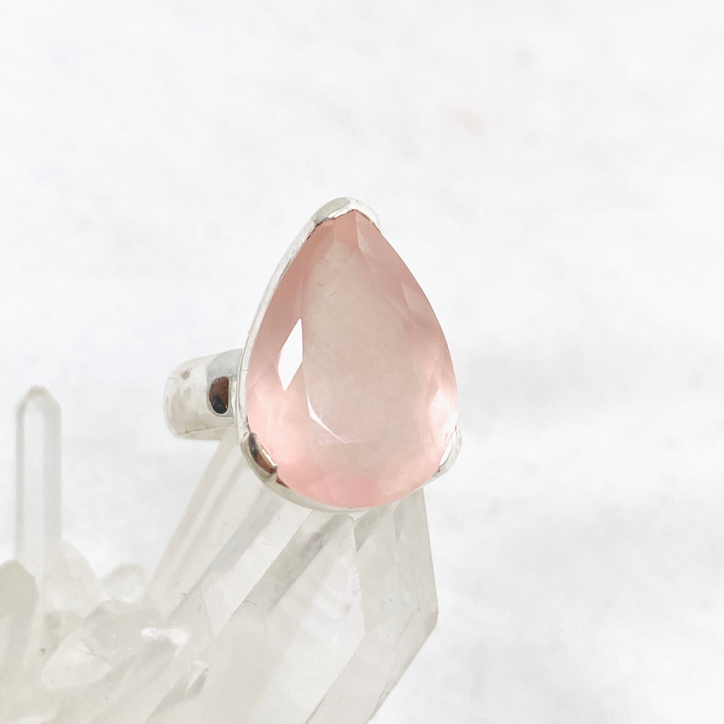 Rose Quartz Teardrop Faceted Ring - Size 7 - KRGJ3322 - Elegant Jewelry for Women, Wedding Gift, Spiritual Healing & Everyday Wear