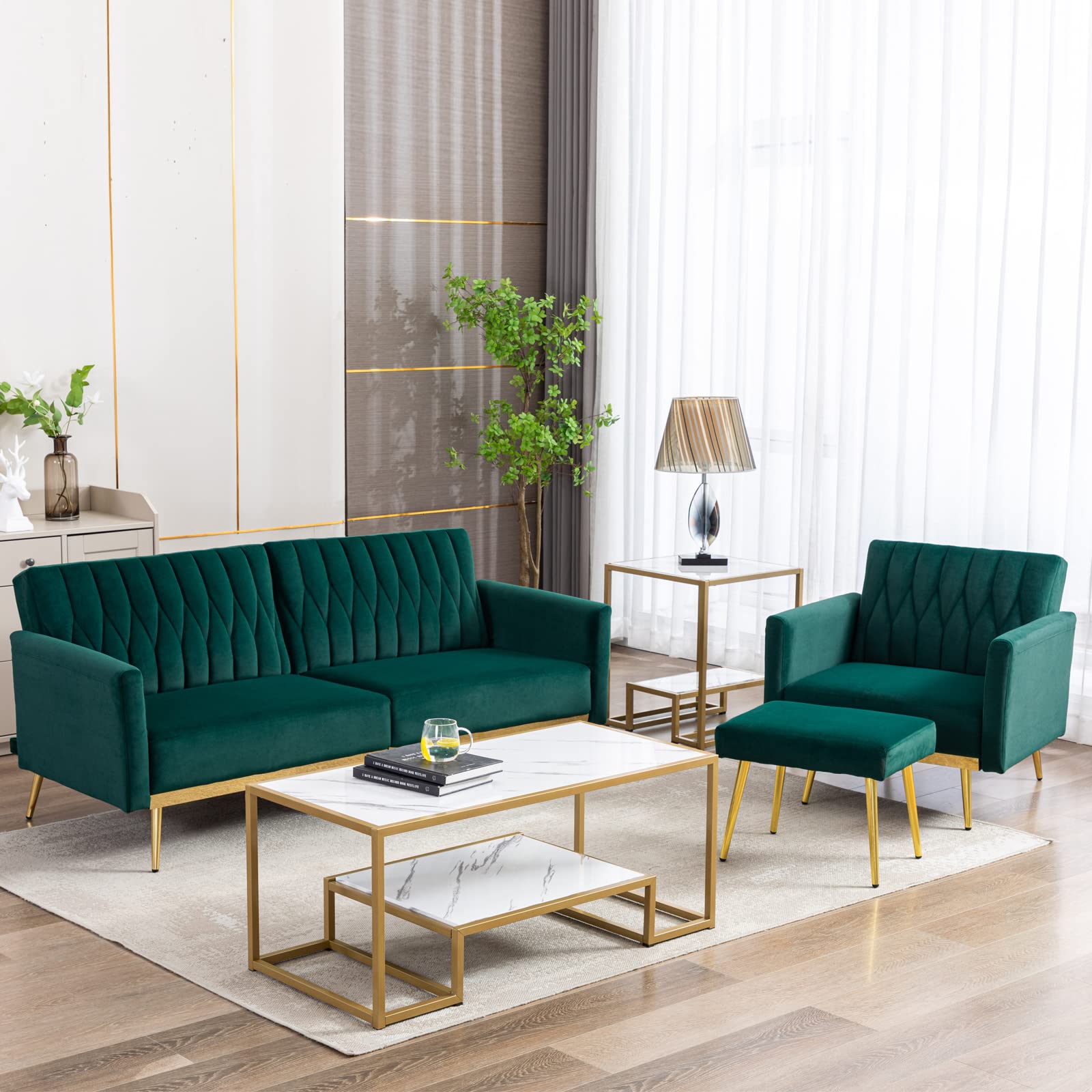 Modern Velvet Single Sofa Chair with Ottoman - Adjustable Armrests for Living Room, Bedroom & Office