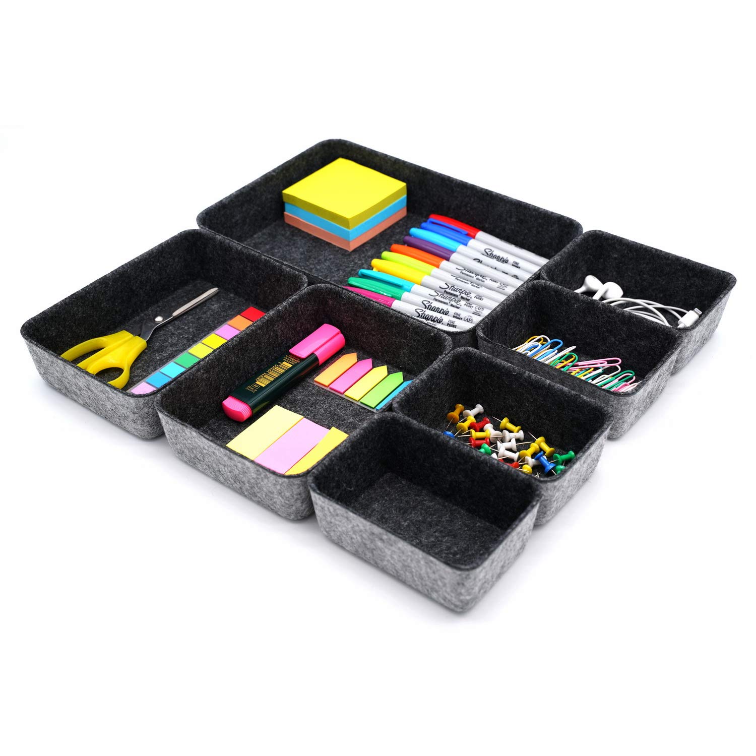 WELAXY 7-Piece Felt Drawer Organizer Set - Charcoal Storage Bins for Office, Desk, Kitchen & Bathroom | Small Shallow Trays with Dividers for Home Organization