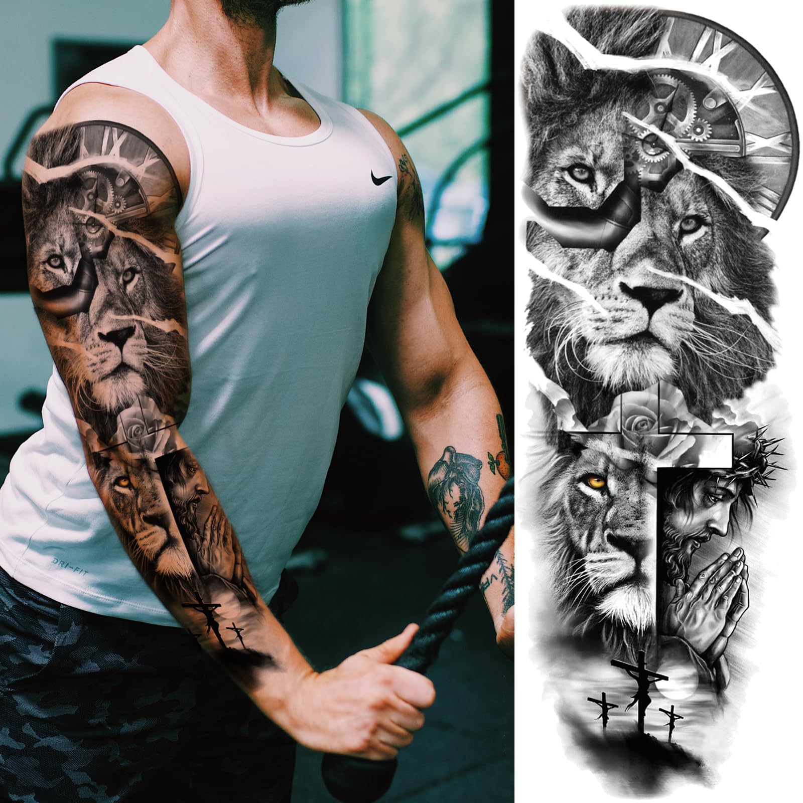 Religious Temporary Tattoo Sleeves for Men & Women - 4-Sheet Full Arm Christian Cross Tattoos with Jesus & God Designs + 4-Sheet Half Sleeve Praying Cross, Lion & Skull Fake Tattoos - Perfect for Church Events, Costume Parties & Body Art Enthusiasts