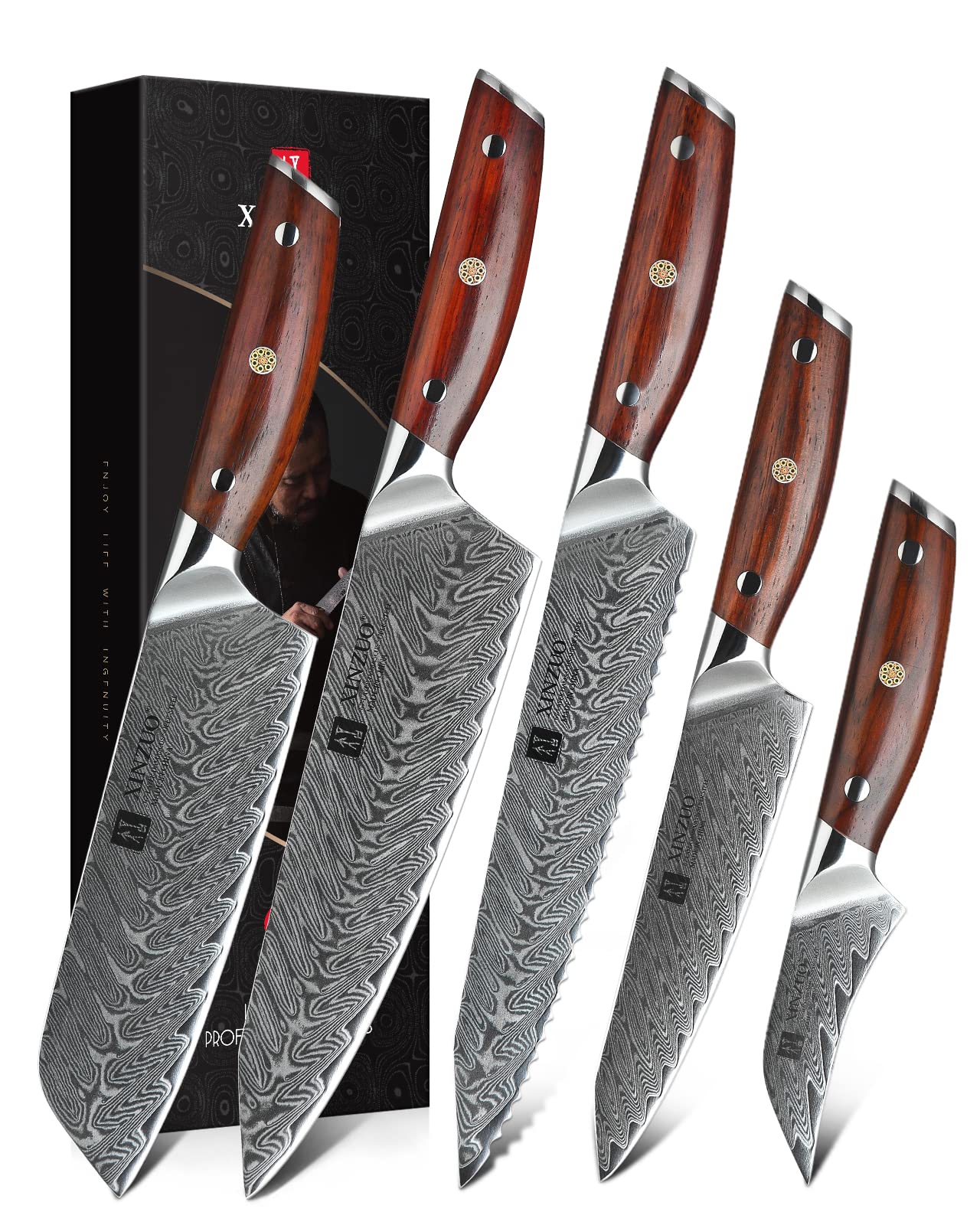 XINZUO 5-Piece Damascus Steel Knife Set - Professional Ultra Sharp Kitchen Knives with Natural Rosewood Handles - Perfect Chef Gift Box for Home Cooking & Professional Kitchens