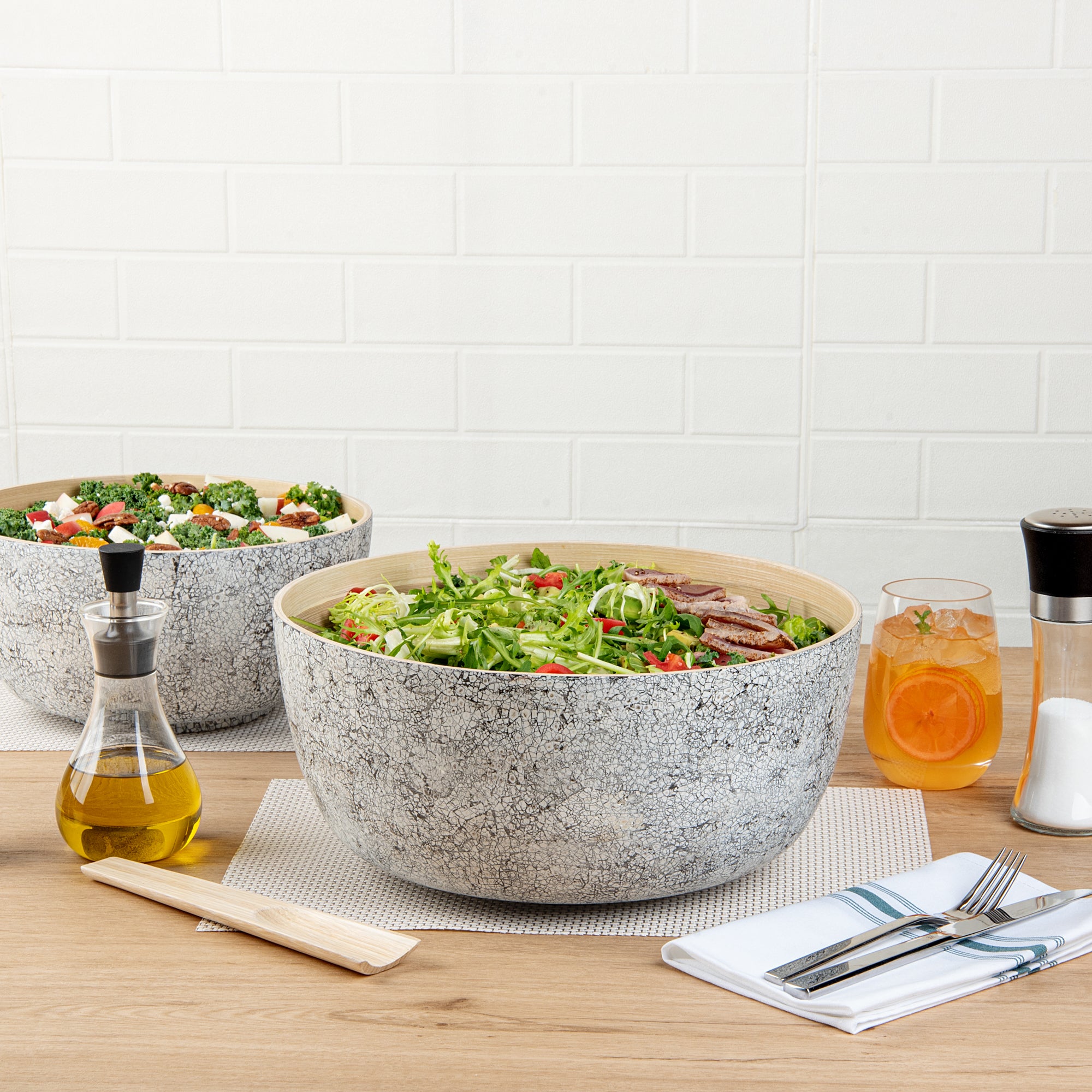 Bambuddha 51 oz Large Round Gray Spun Bamboo Salad Bowl - 13.5