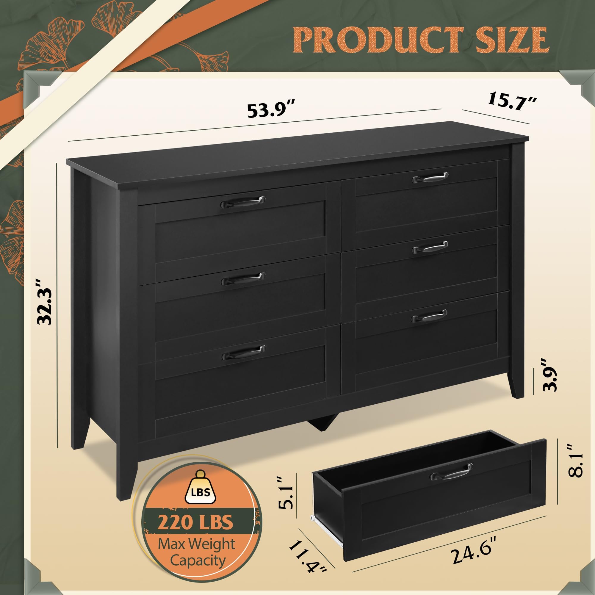 WLIVE Black 6-Drawer Wooden Dresser for Bedroom - Modern Chest of Drawers with Metal Handles, Large Storage Cabinet for Clothes & Accessories - Perfect for Bedroom, Living Room & Dorm Organization