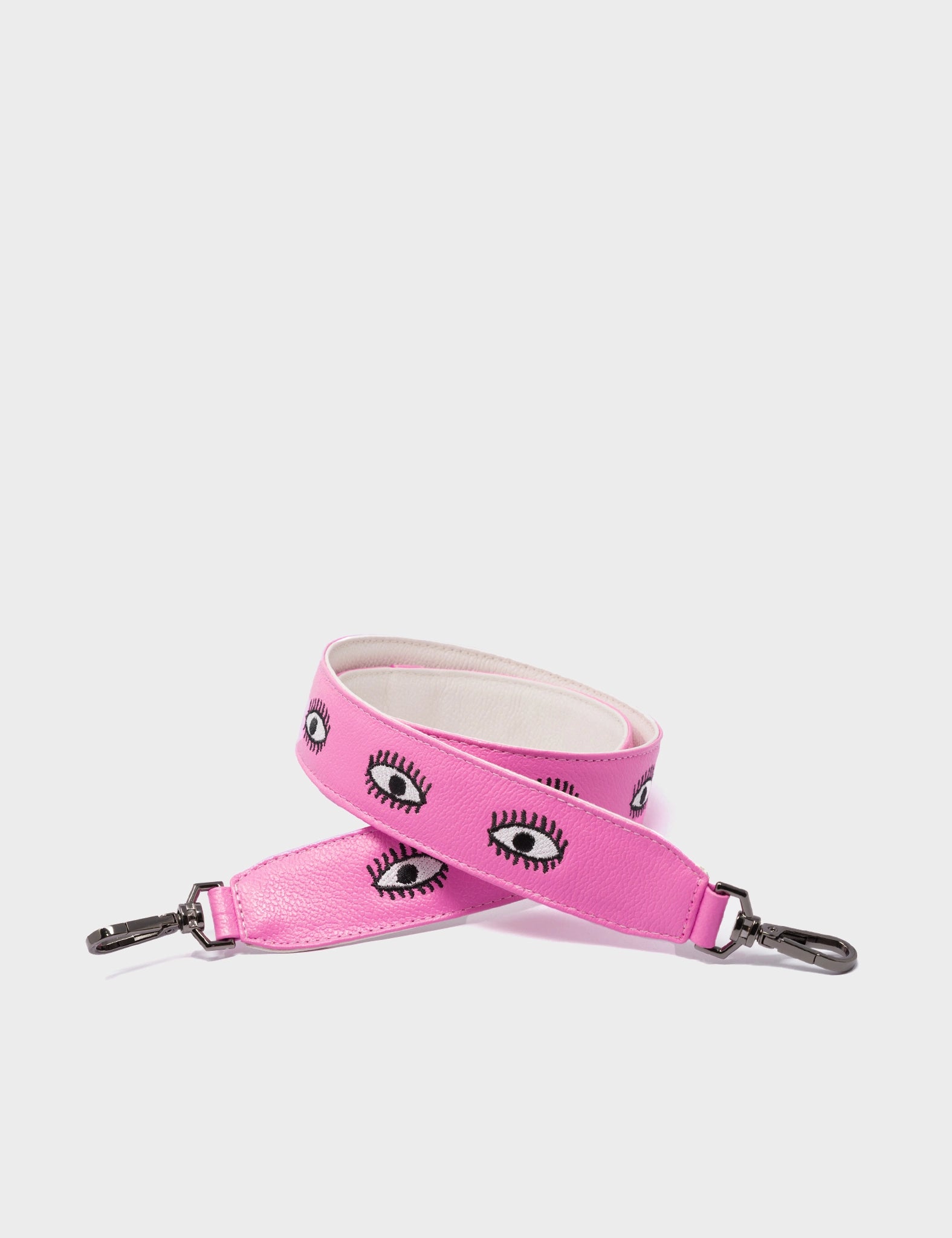 Detachable Bubblegum Pink Leather Shoulder Bag with All Over Eyes Embroidery - Stylish Crossbody Purse for Women, Perfect for Casual Outings, Travel & Everyday Use