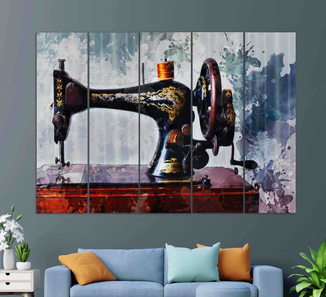 Antique Sewing Machine Canvas Print - Vintage Sewing Wall Art Decor - Unique Gift for Seamstress & Tailor - Handmade Painting for Craft Room, Sewing Studio & Home Decor