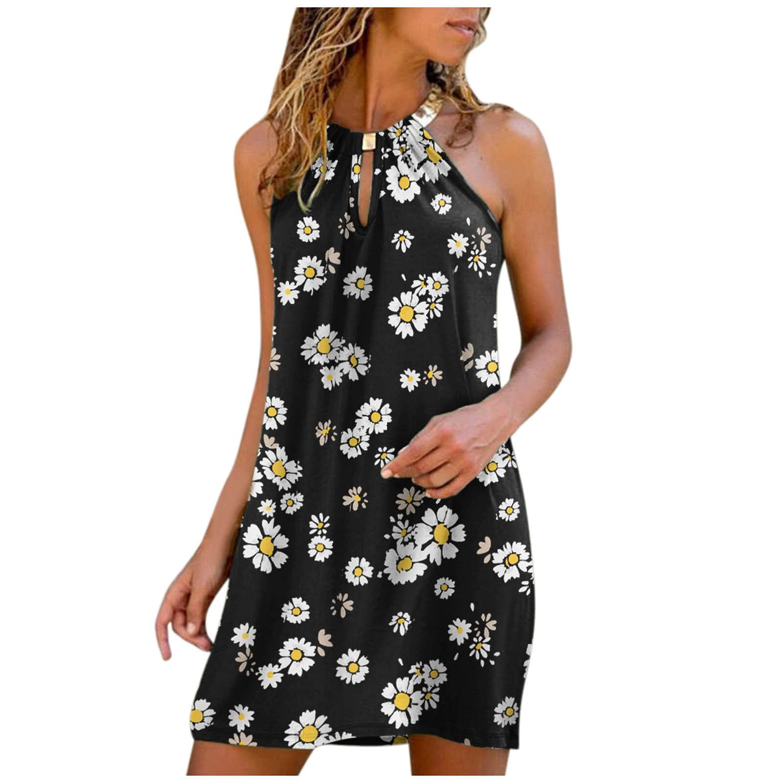 NLOMOCT Women's Summer Sleeveless Halter Neck Sunflower Print Mini Dress - Casual Boho Sundress for Beach, Party & Vacation | Flowy Stripe Dress for Outdoor Music Festivals & Date Nights