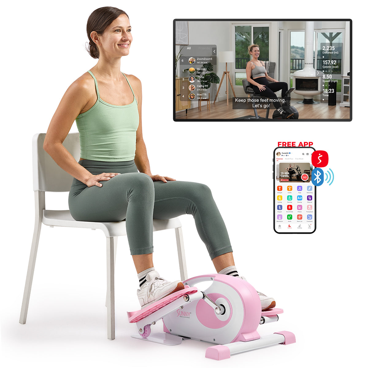 Smart Pink Under Desk Mini Elliptical Exercise Machine for Home & Office - Portable Foot Pedal Exerciser for Legs & Arms Workout While Sitting or Standing